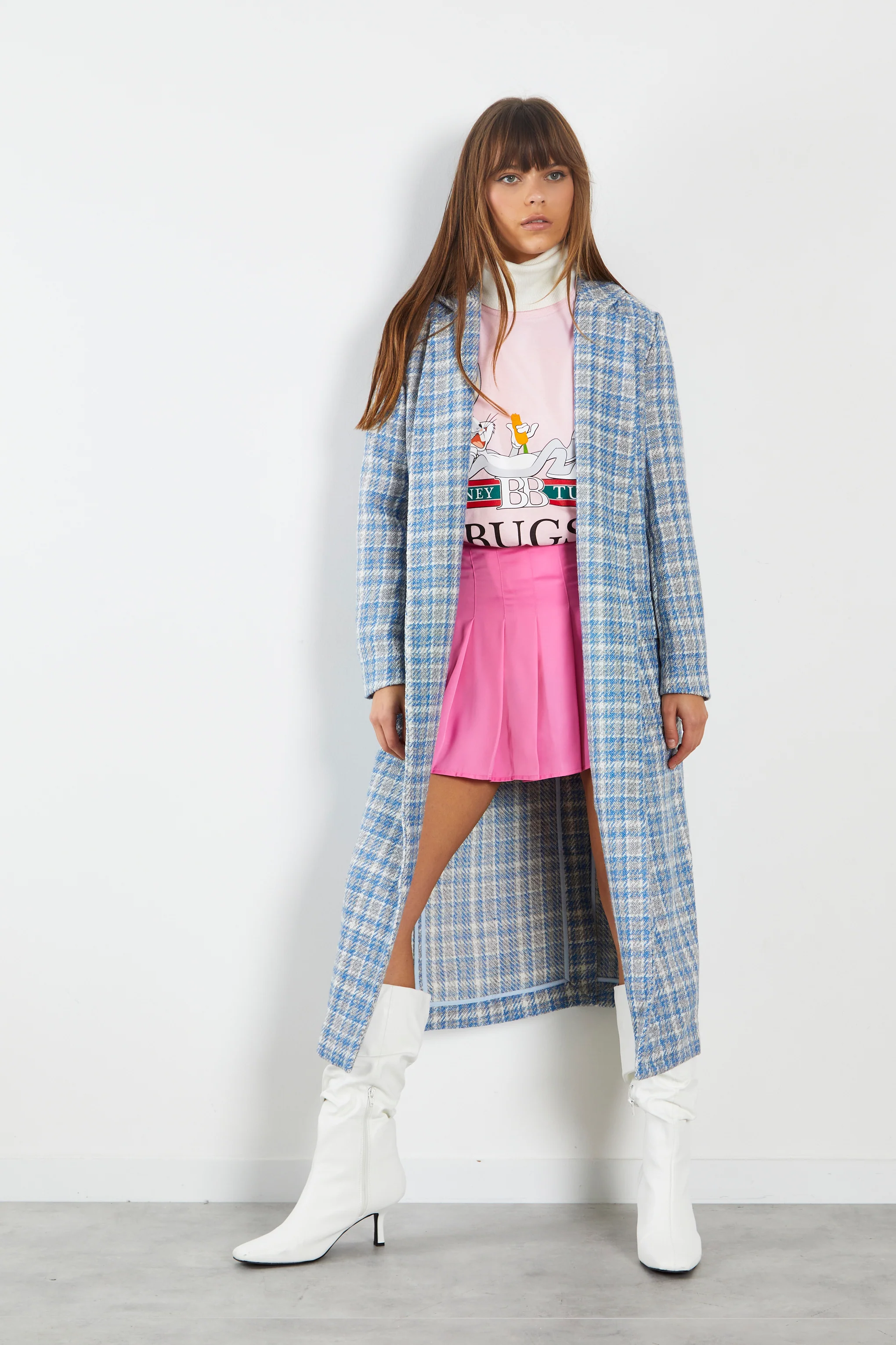 Glamorous Blue Grey Check Longline Coat with Front Pockets - Image 4