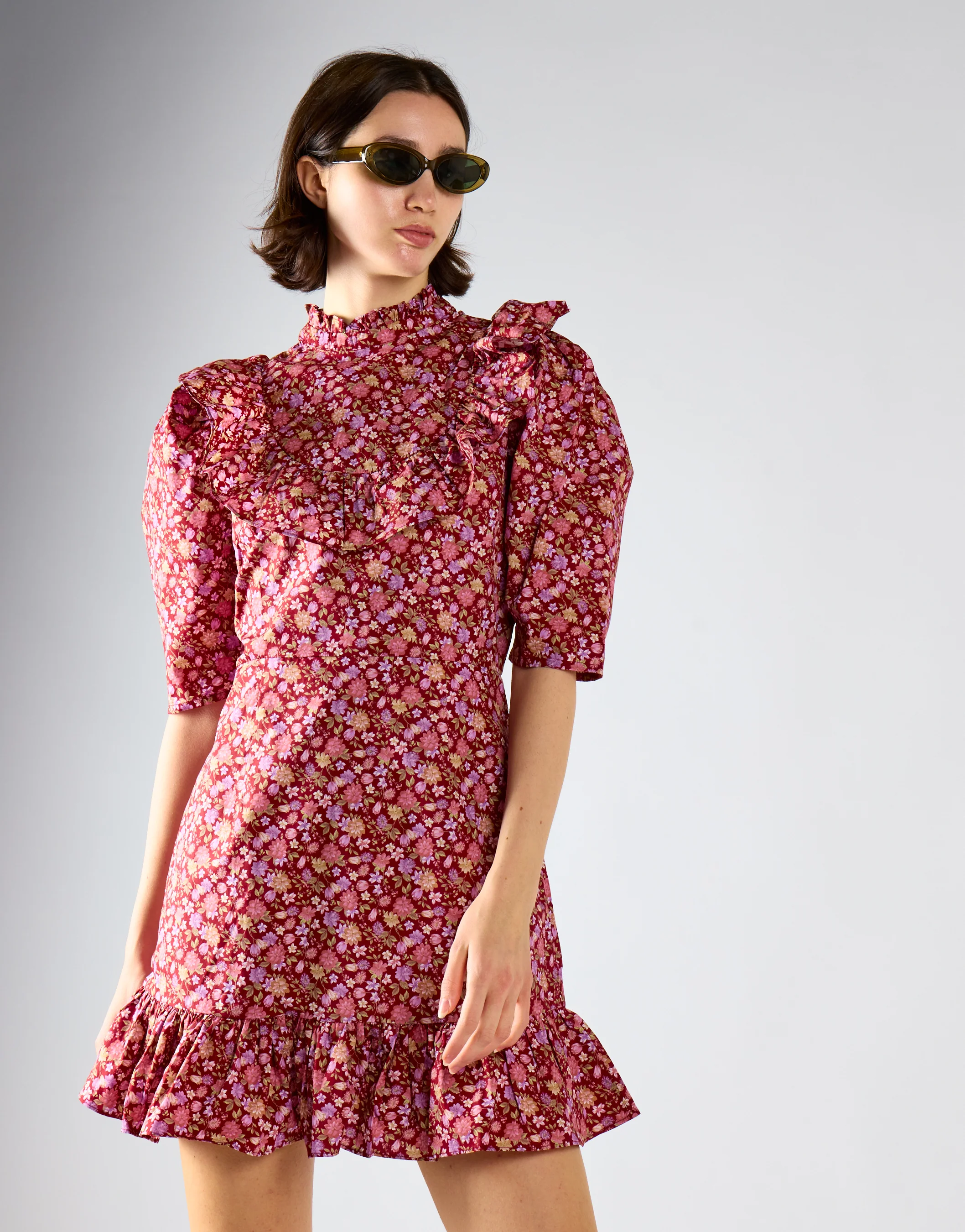 Glamorous Burgundy Chintz Floral 3/4 Length Mini Dress - Image 3