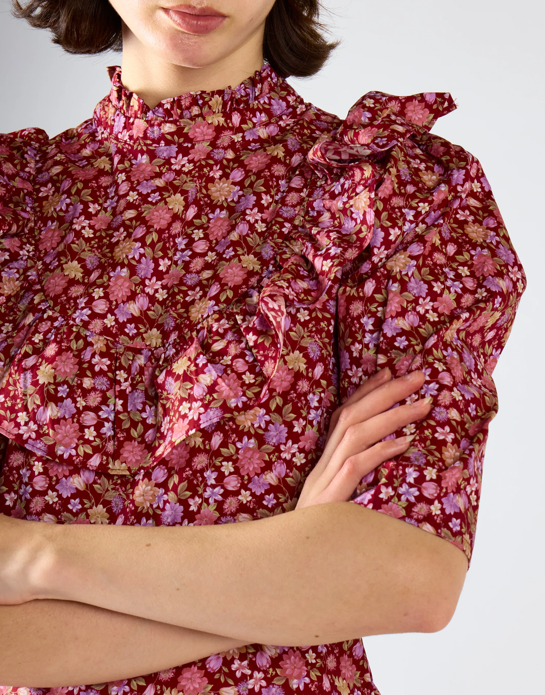 Glamorous Burgundy Chintz Floral 3/4 Length Mini Dress - Image 4