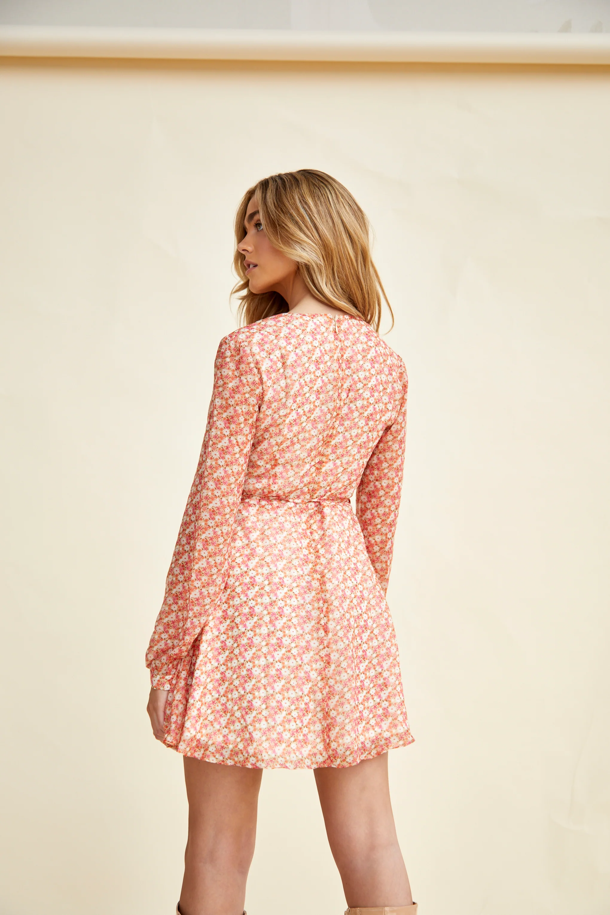 Glamorous Low V-Neck Mini dress with Long Sleeves & Waist Tie - Image 2