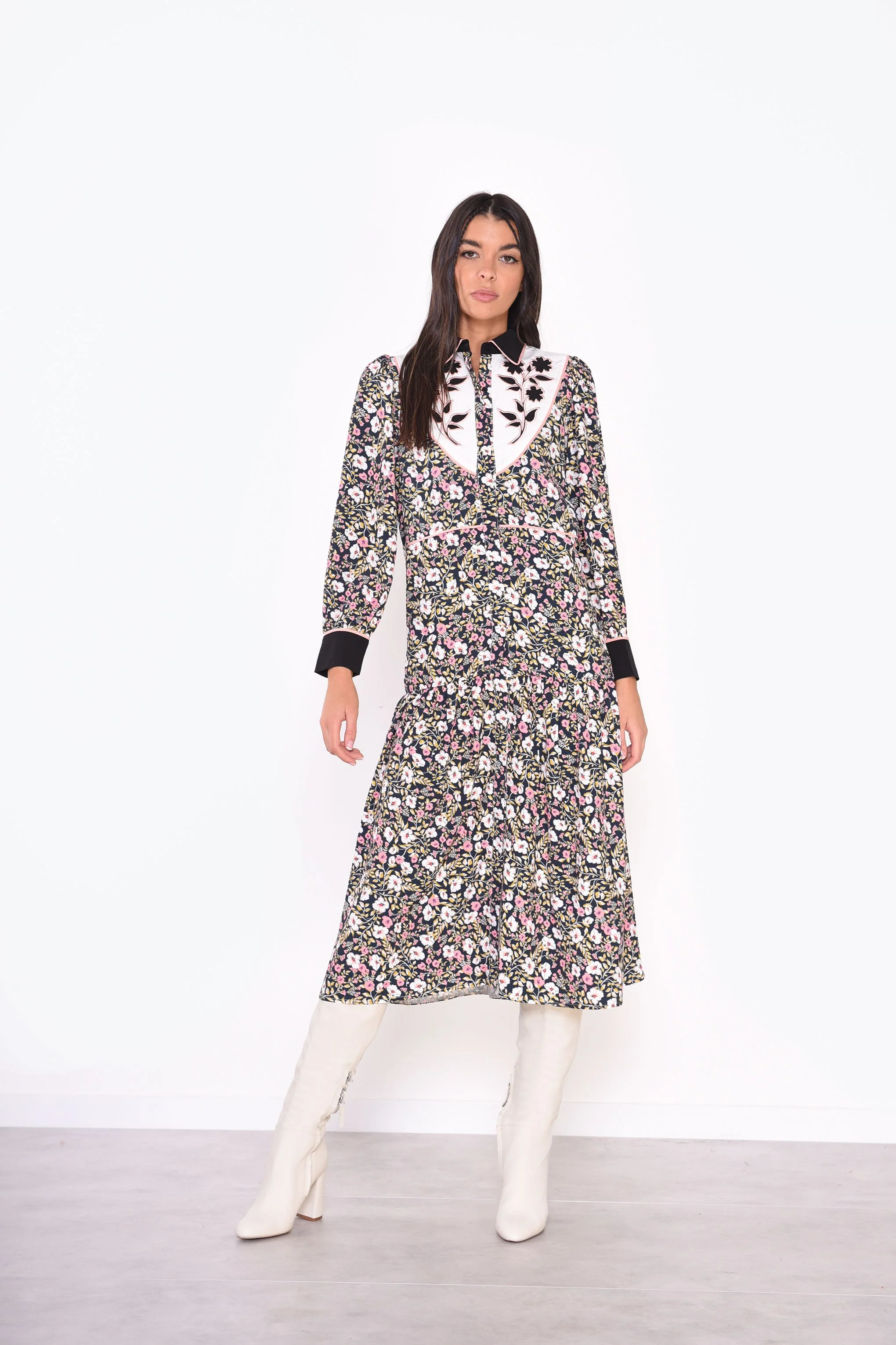 Glamorous Navy Folk Floral Black Collar Midi Dress
