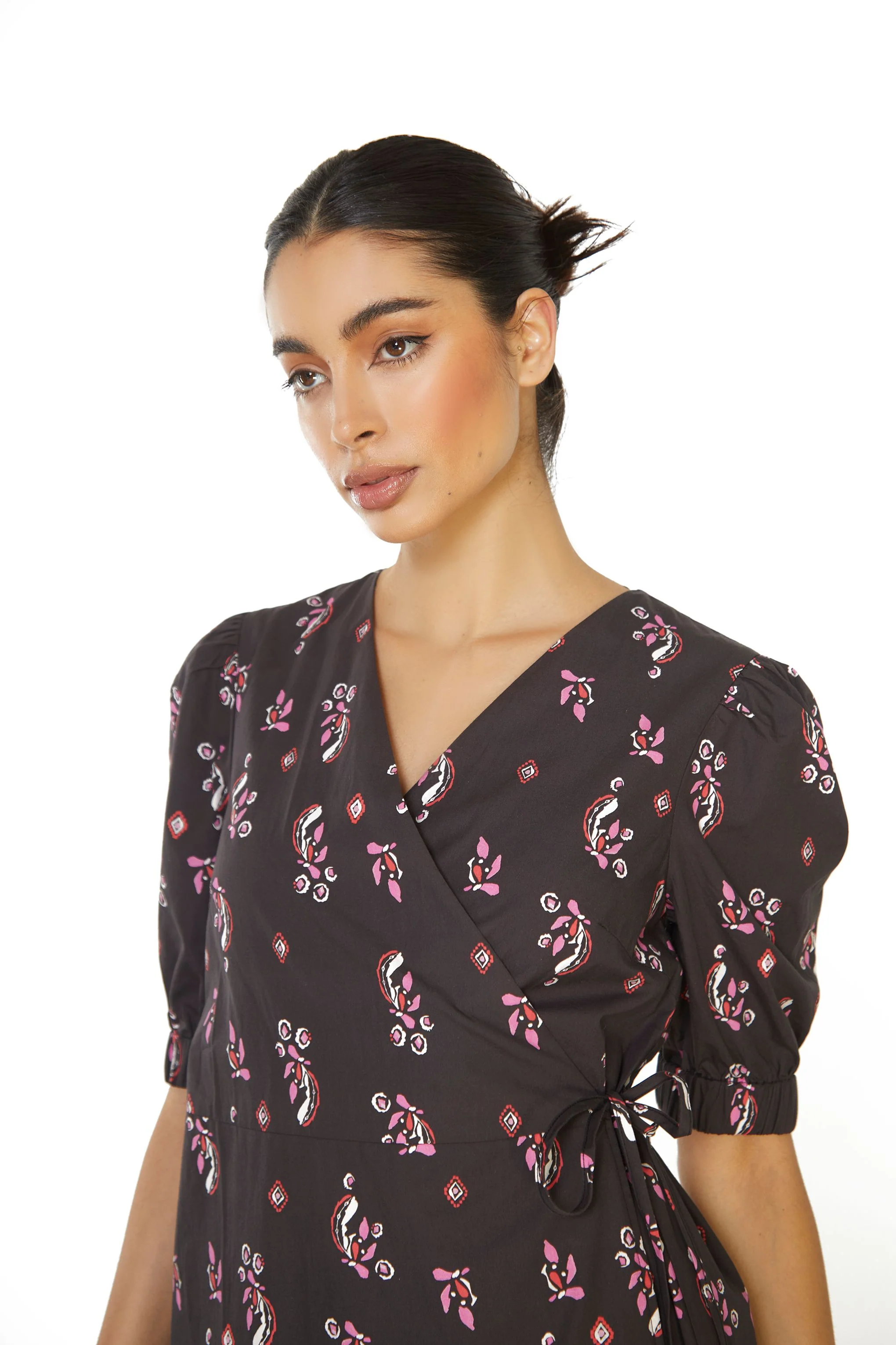 Glamorous Black Pink Motif Wrap Midi Dress - Image 2