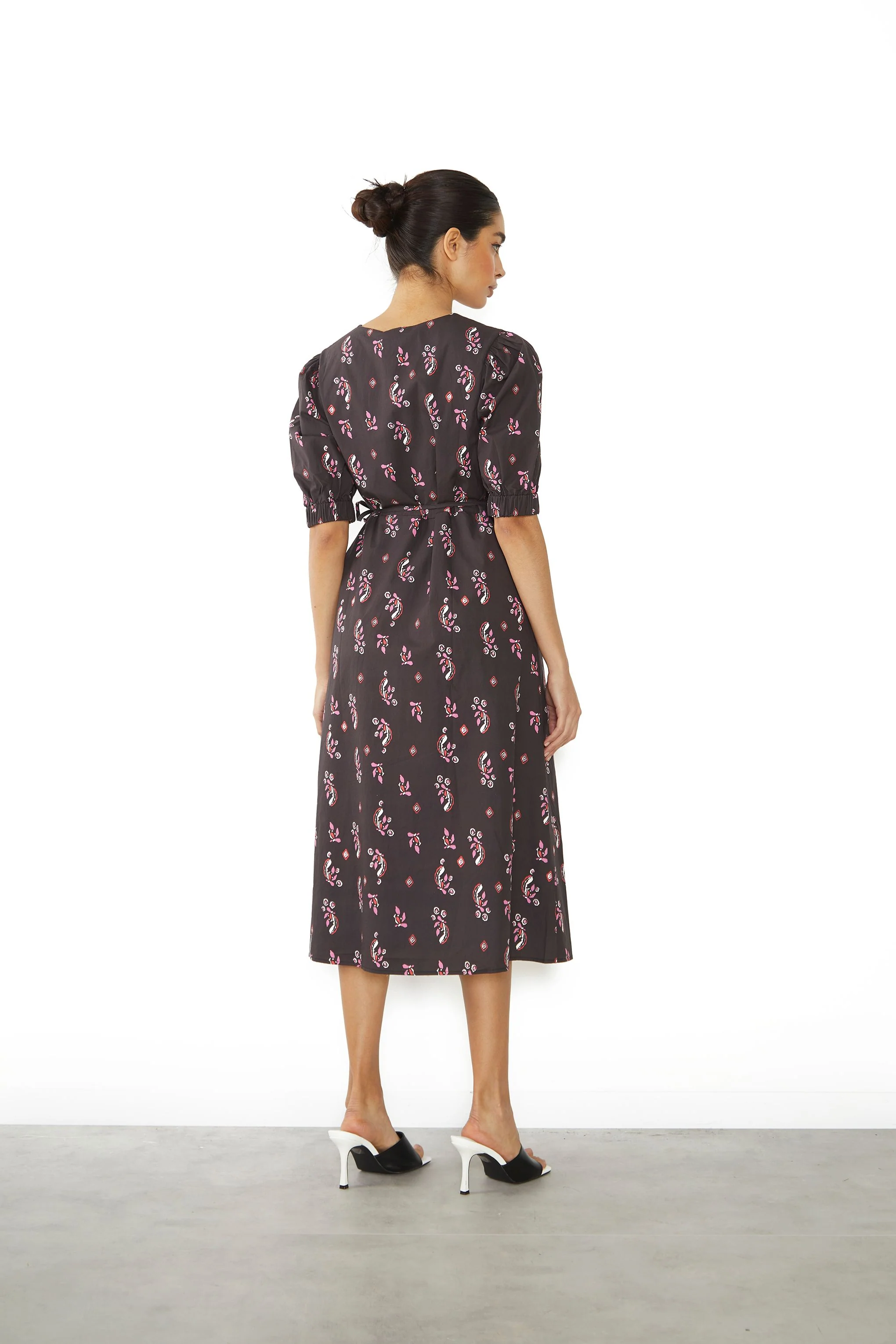 Glamorous Black Pink Motif Wrap Midi Dress - Image 3