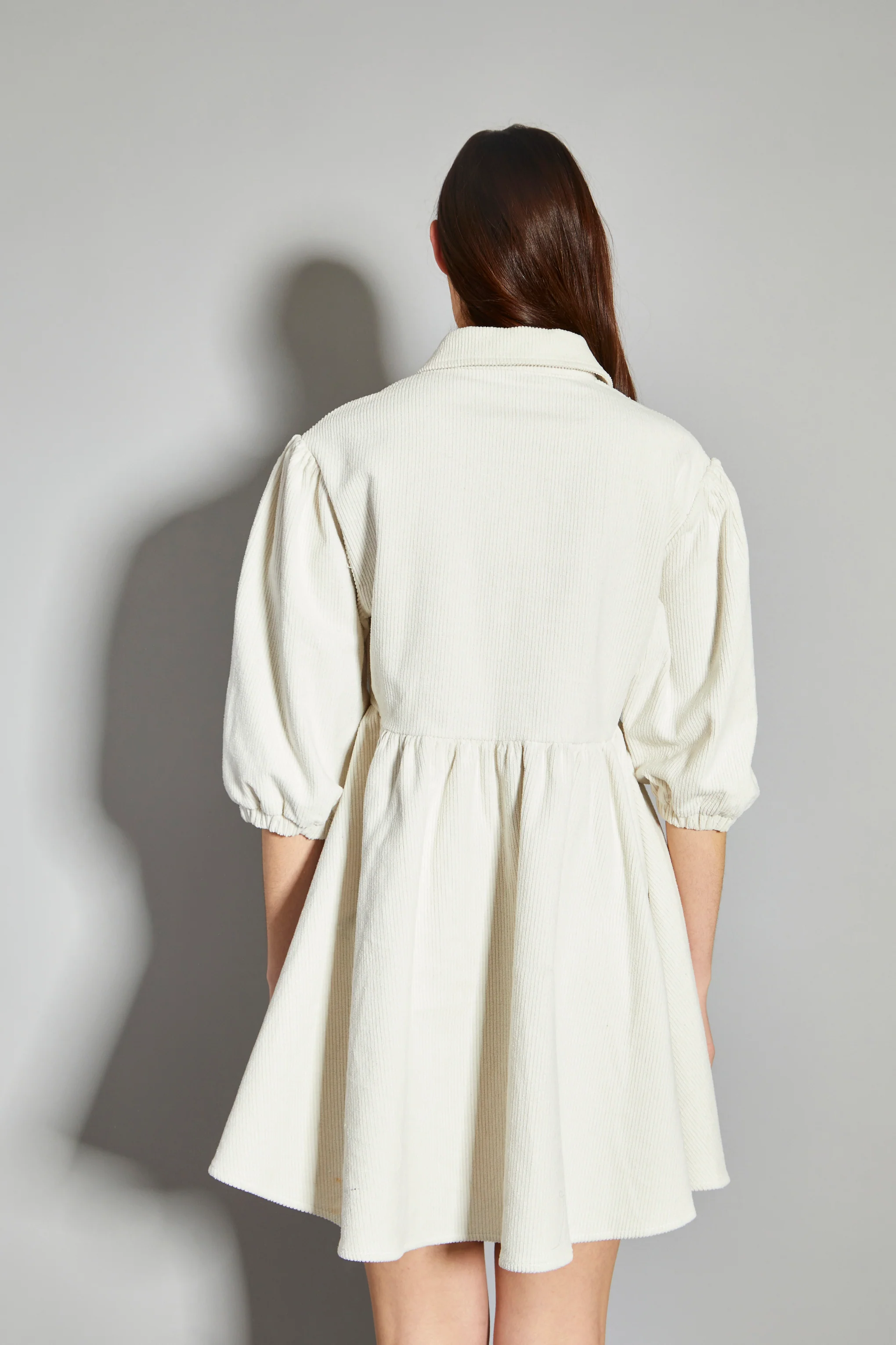 Glamorous Cream Corduroy Puff Sleeve Skater Shirt Dress - Image 2
