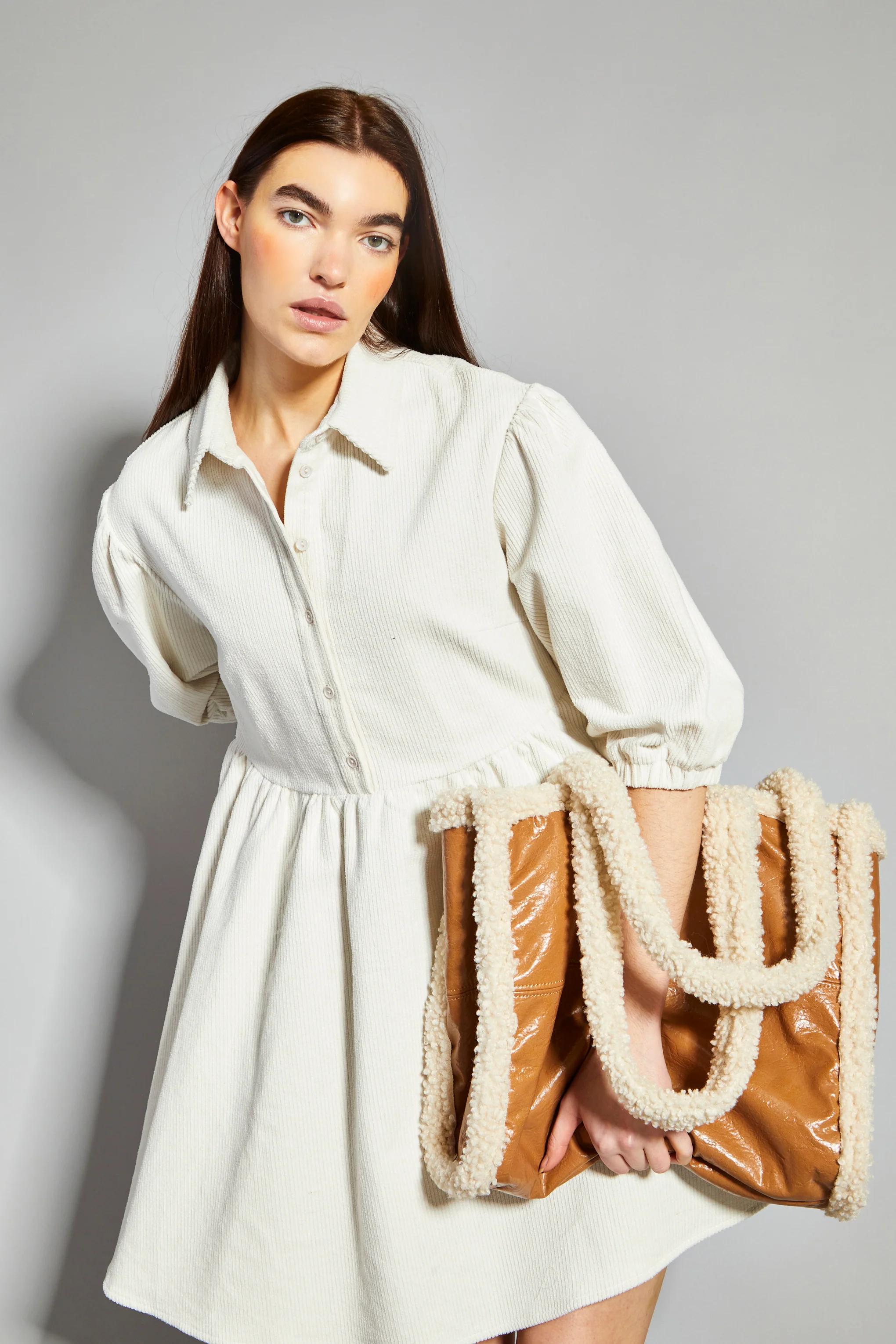 Glamorous Cream Corduroy Puff Sleeve Skater Shirt Dress - Image 4