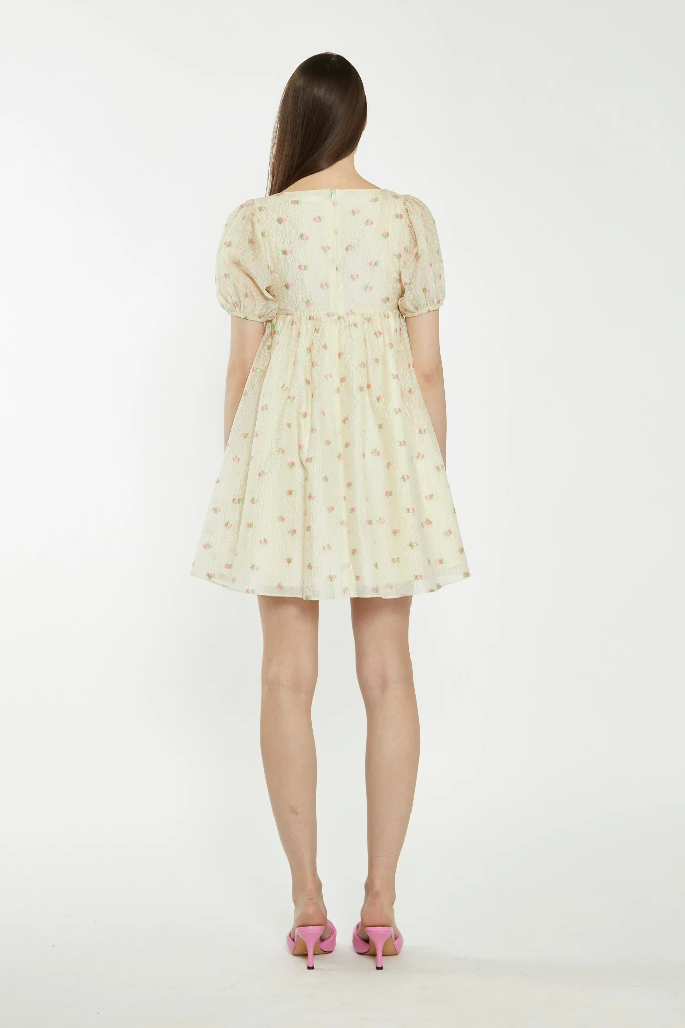 Yellow-Pink-Fruit-Organza Babydoll Mini Dress - Image 2