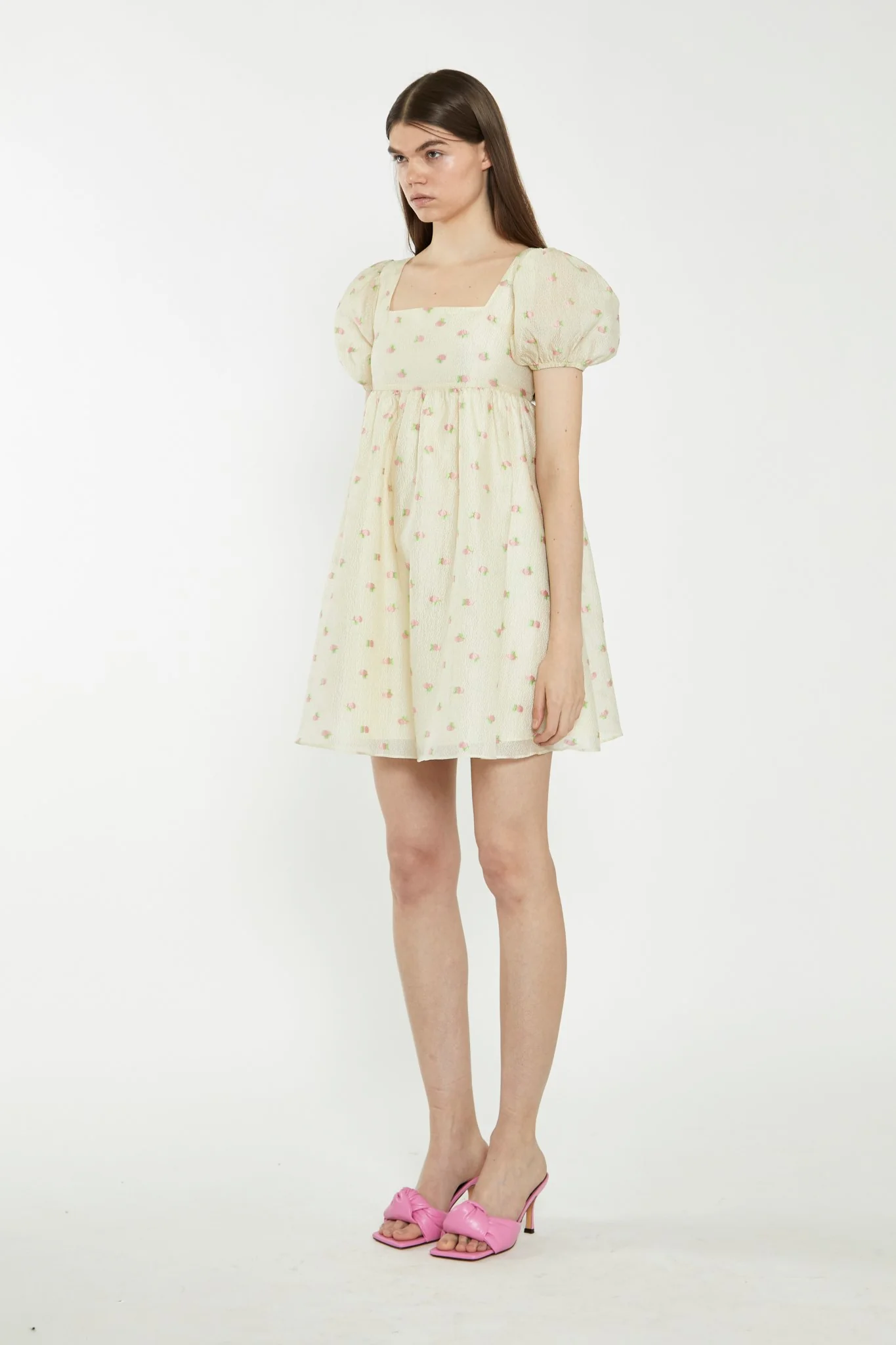 Yellow-Pink-Fruit-Organza Babydoll Mini Dress - Image 3
