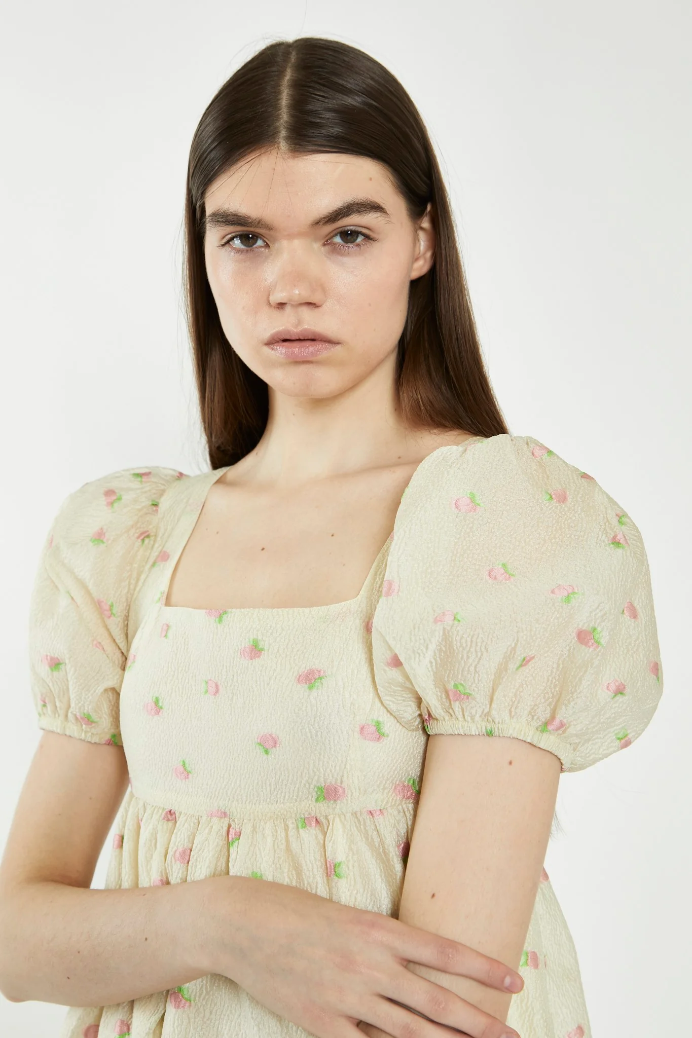 Yellow-Pink-Fruit-Organza Babydoll Mini Dress - Image 4