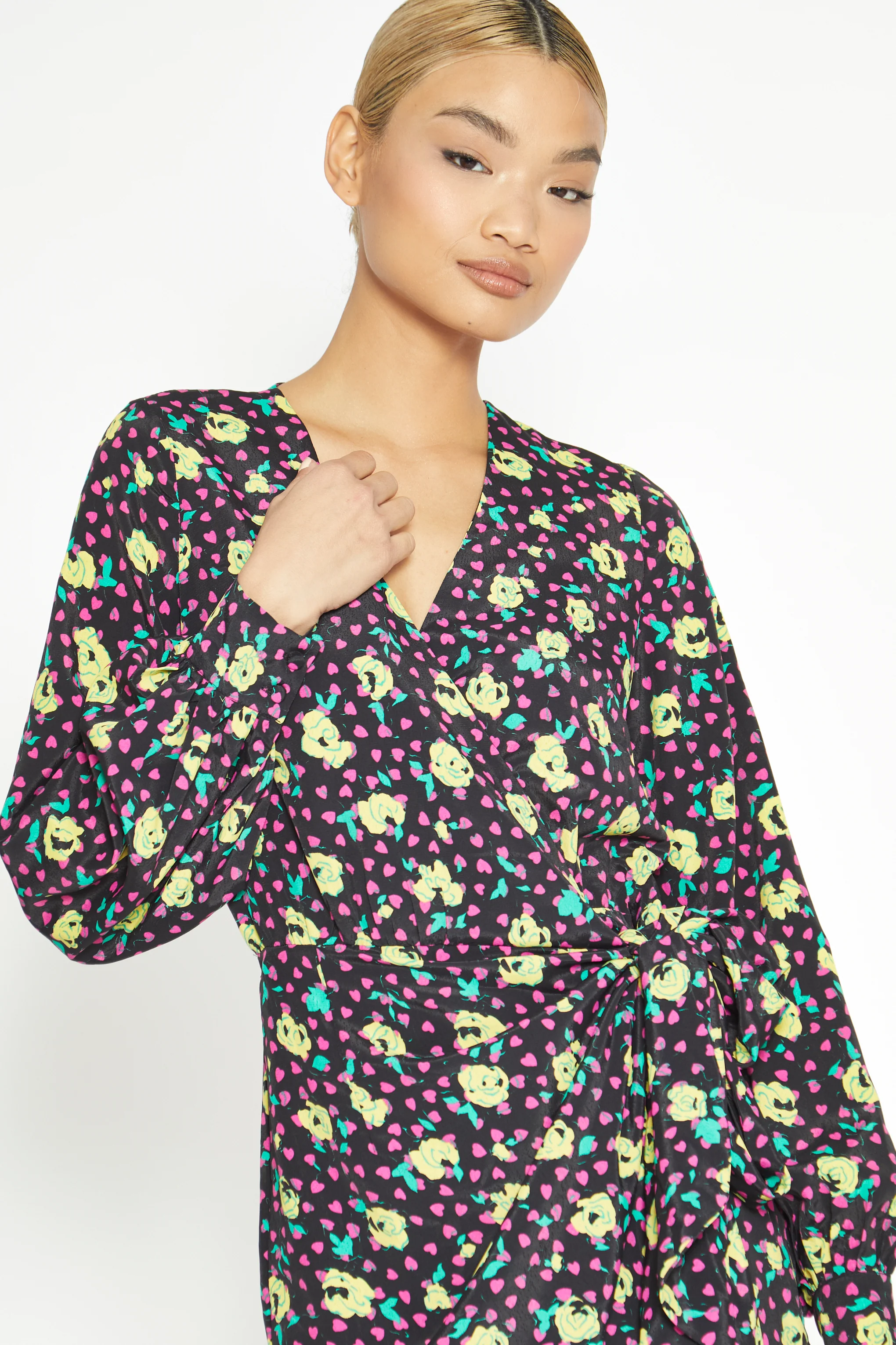 Glamorous Black Multi Rose Mini Wrap Dress - Image 2
