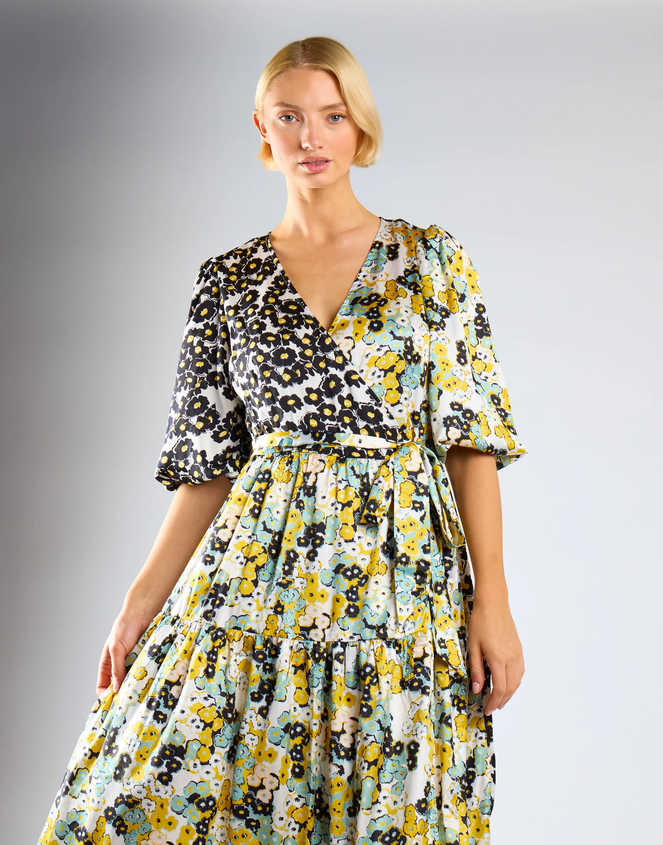 Glamorous Mono Mustard Floral Wrap Front Tiered Midaxi Dress - Image 5