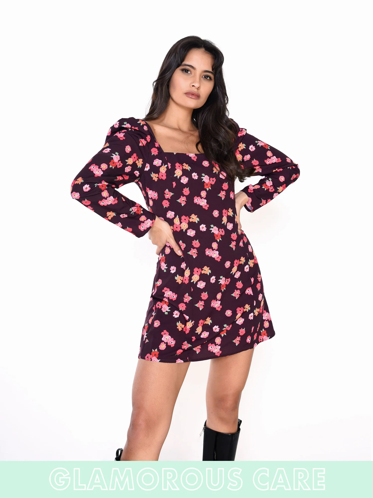 Glamorous Care Plum Watercolour Floral Square Neck Long Sleeve Mini Dress - Image 3