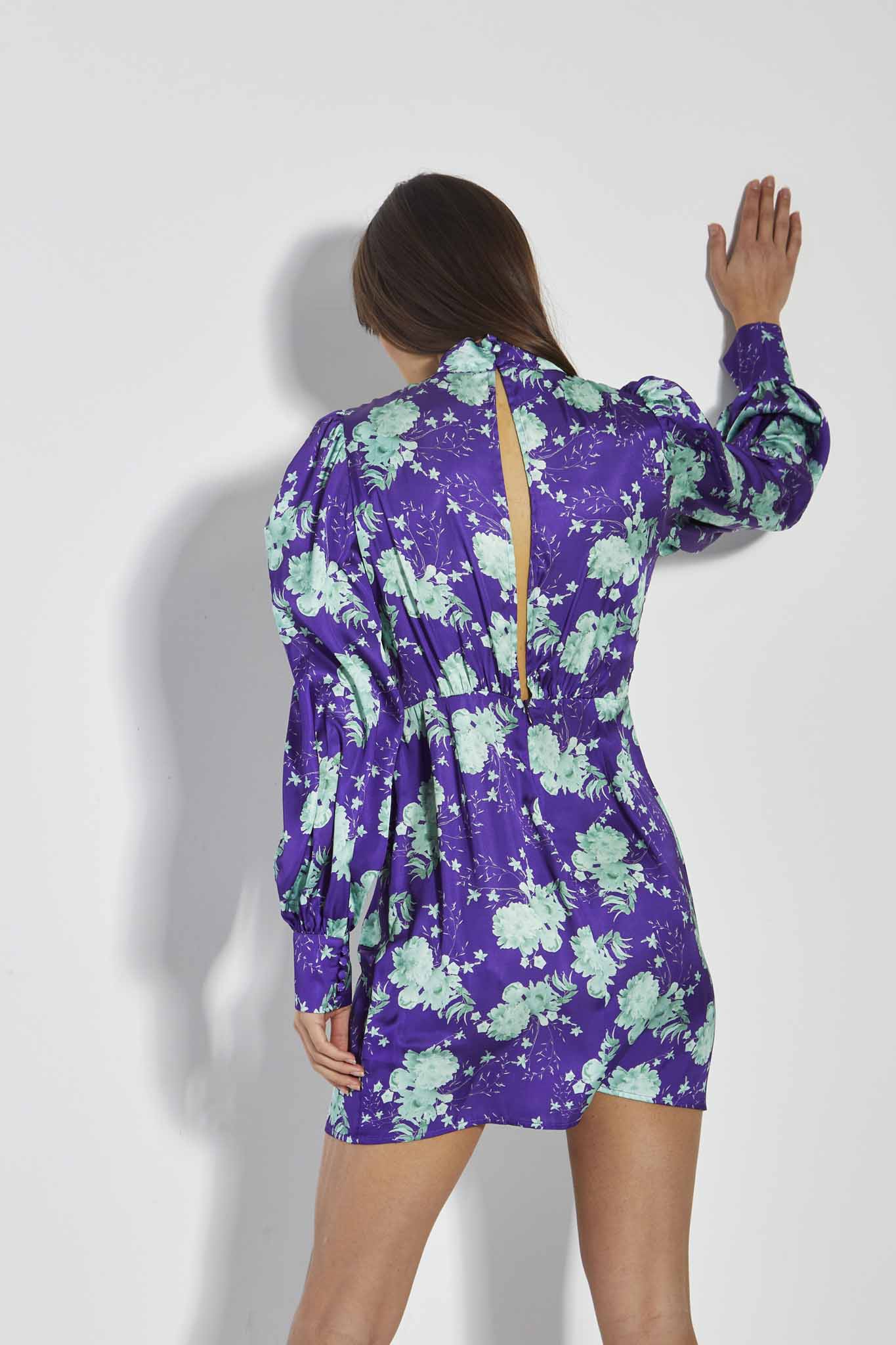 Glamorous Care Purple Green Floral Puff Sleeve Mini Dress - Image 2
