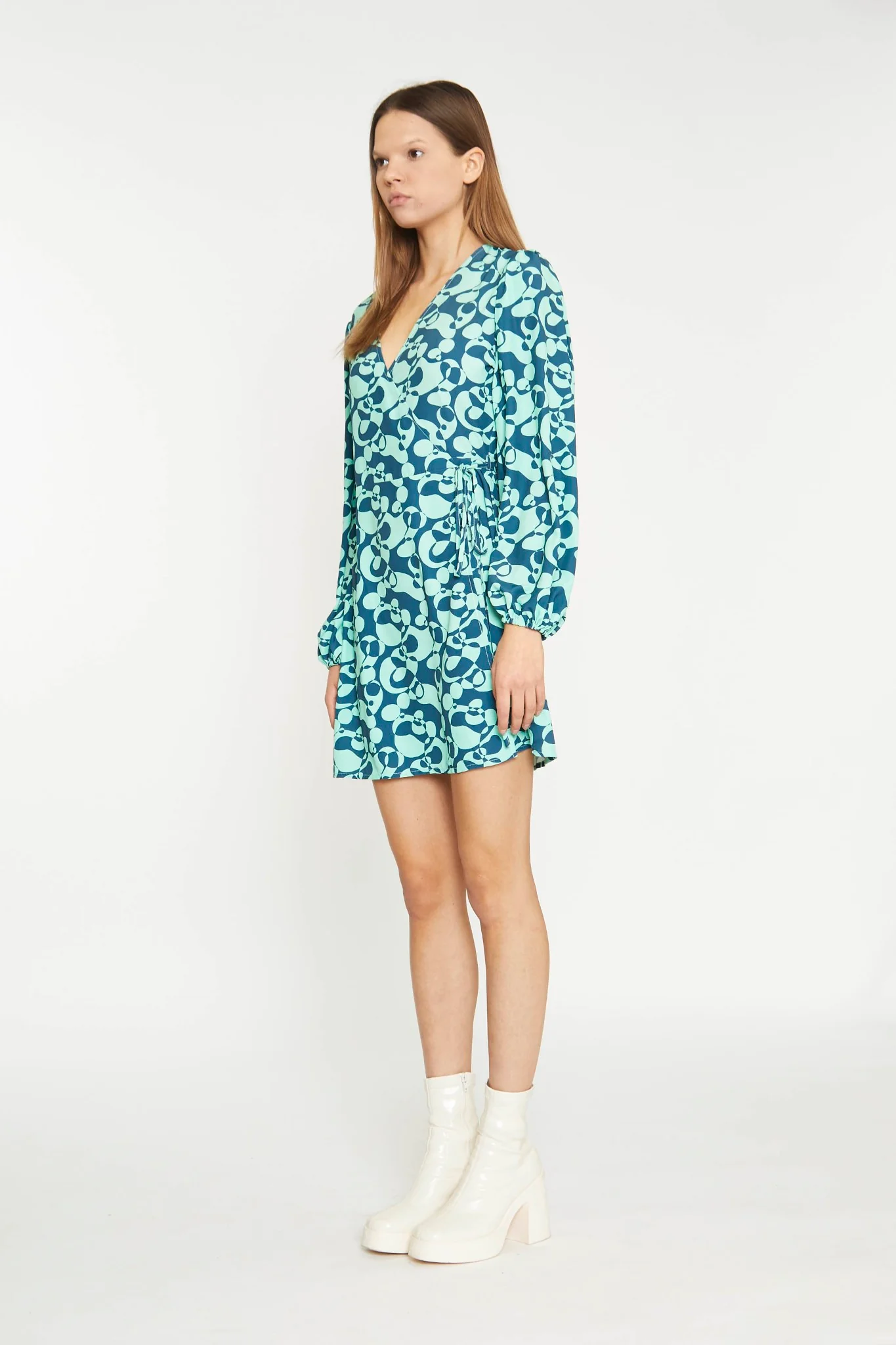 Green Abstract-Bubble V-Neck Wrap Mini Dress - Image 3