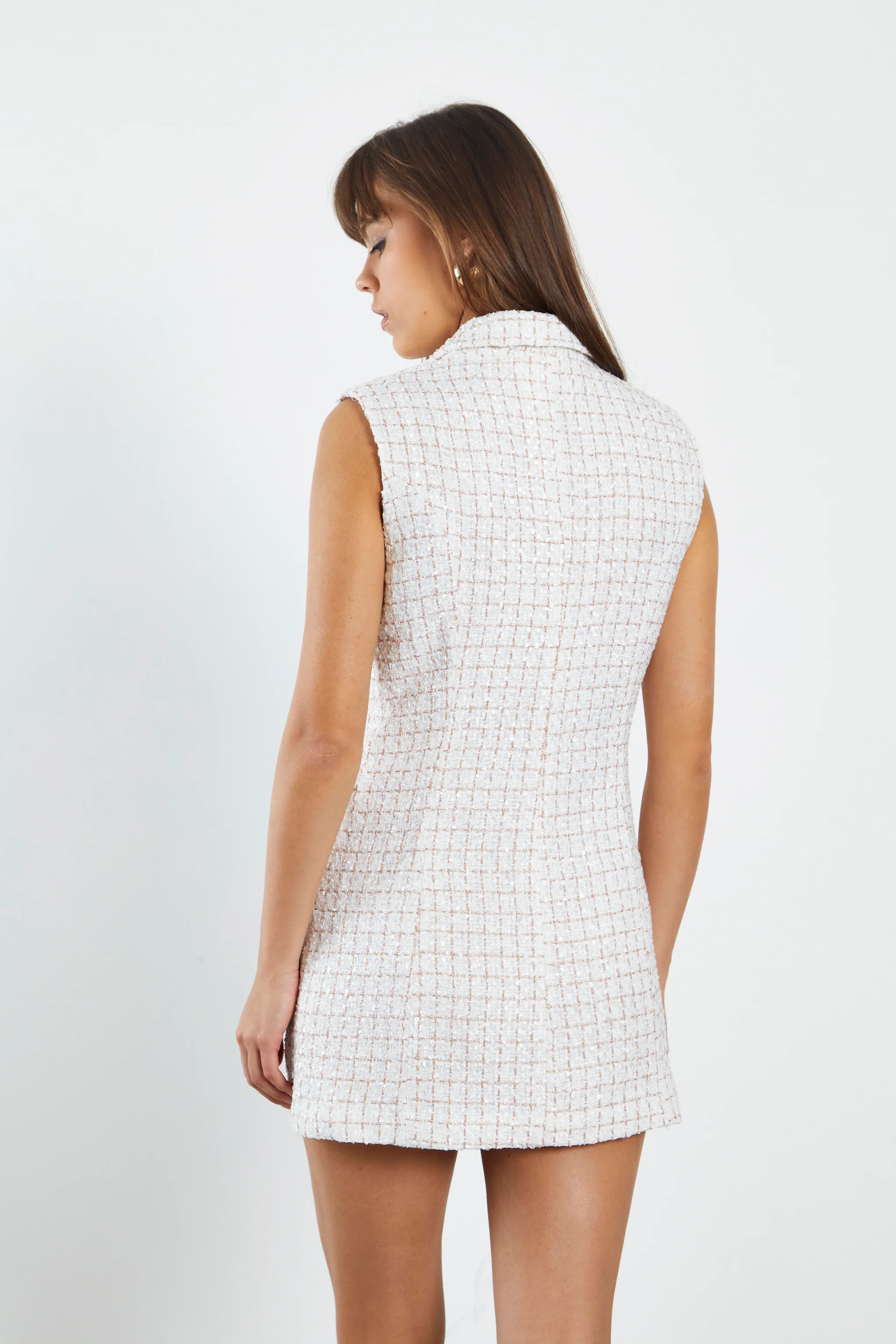 Glamorous White Tweed Sleeveless Mini Blazer Dress - Image 2