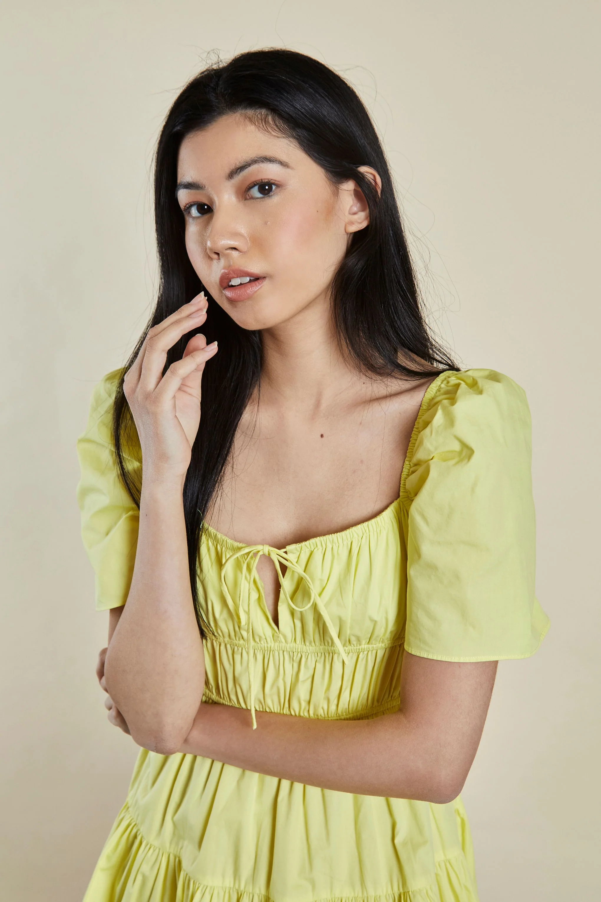 Glamorous Yellow Puff Shoulder Frill Tie Front Mini Dress - Image 2