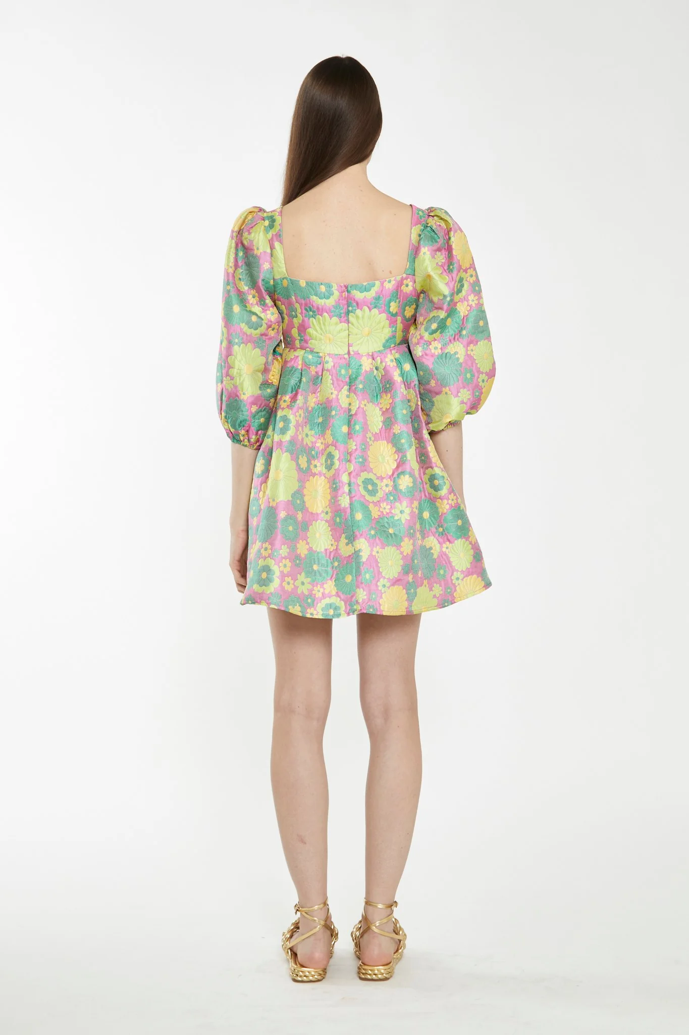 Pink-60s-Flower-Jacquard Babydoll Mini Dress - Image 2