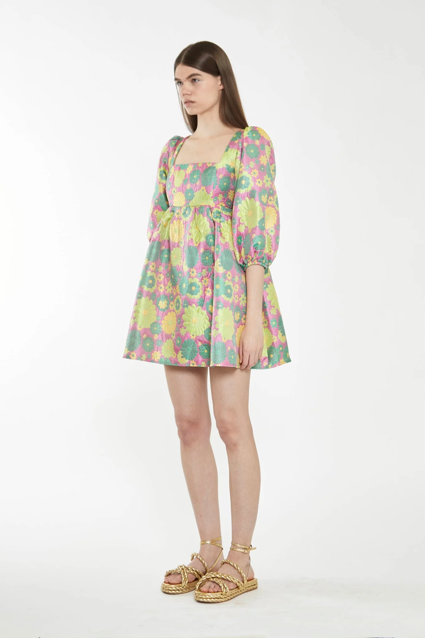 Pink-60s-Flower-Jacquard Babydoll Mini Dress - Image 3