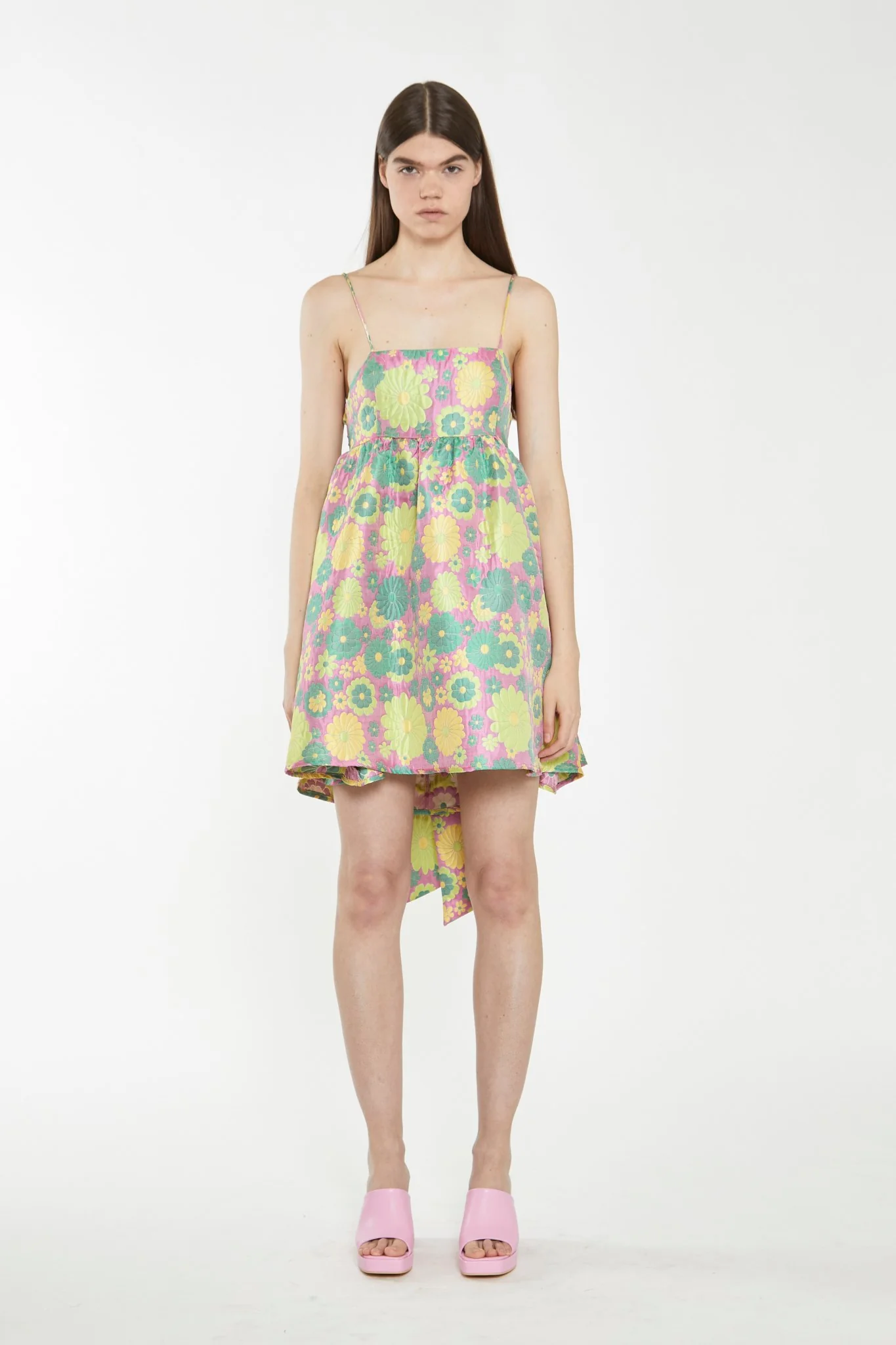 Pink-60s-Flower-Jacquard Tie Detail Mini Dress