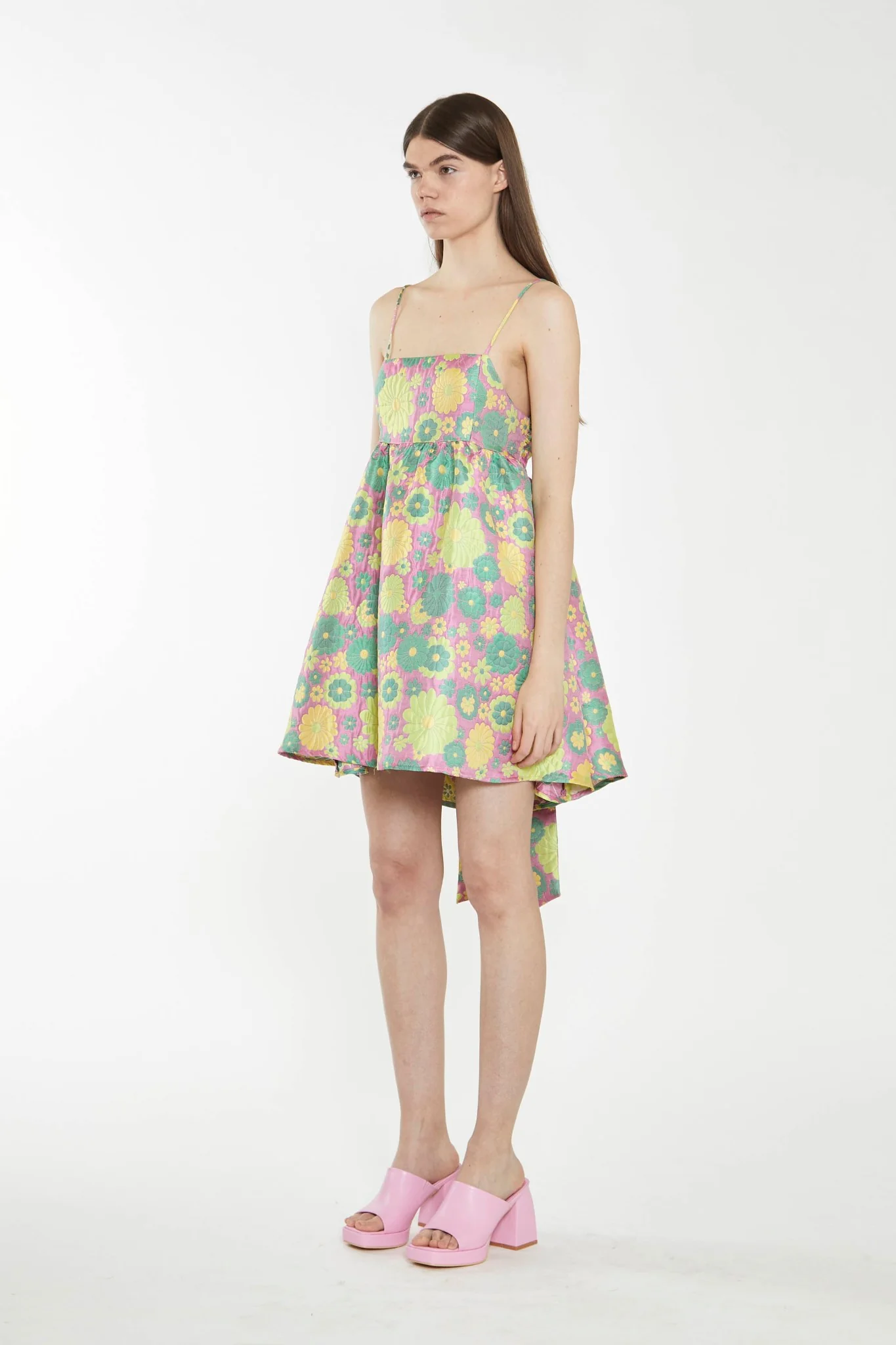 Pink-60s-Flower-Jacquard Tie Detail Mini Dress - Image 3