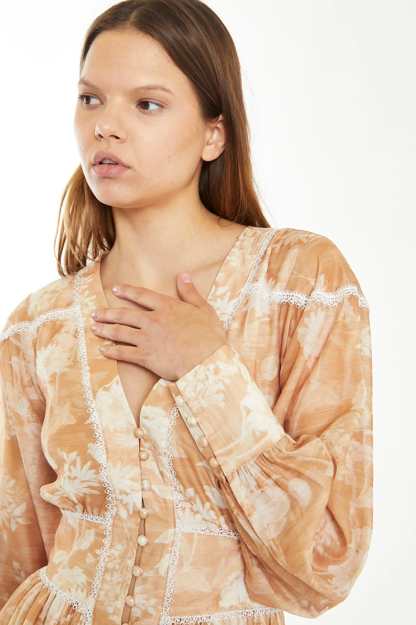 Tan White Floral Button-Through Mini-Dress - Image 4