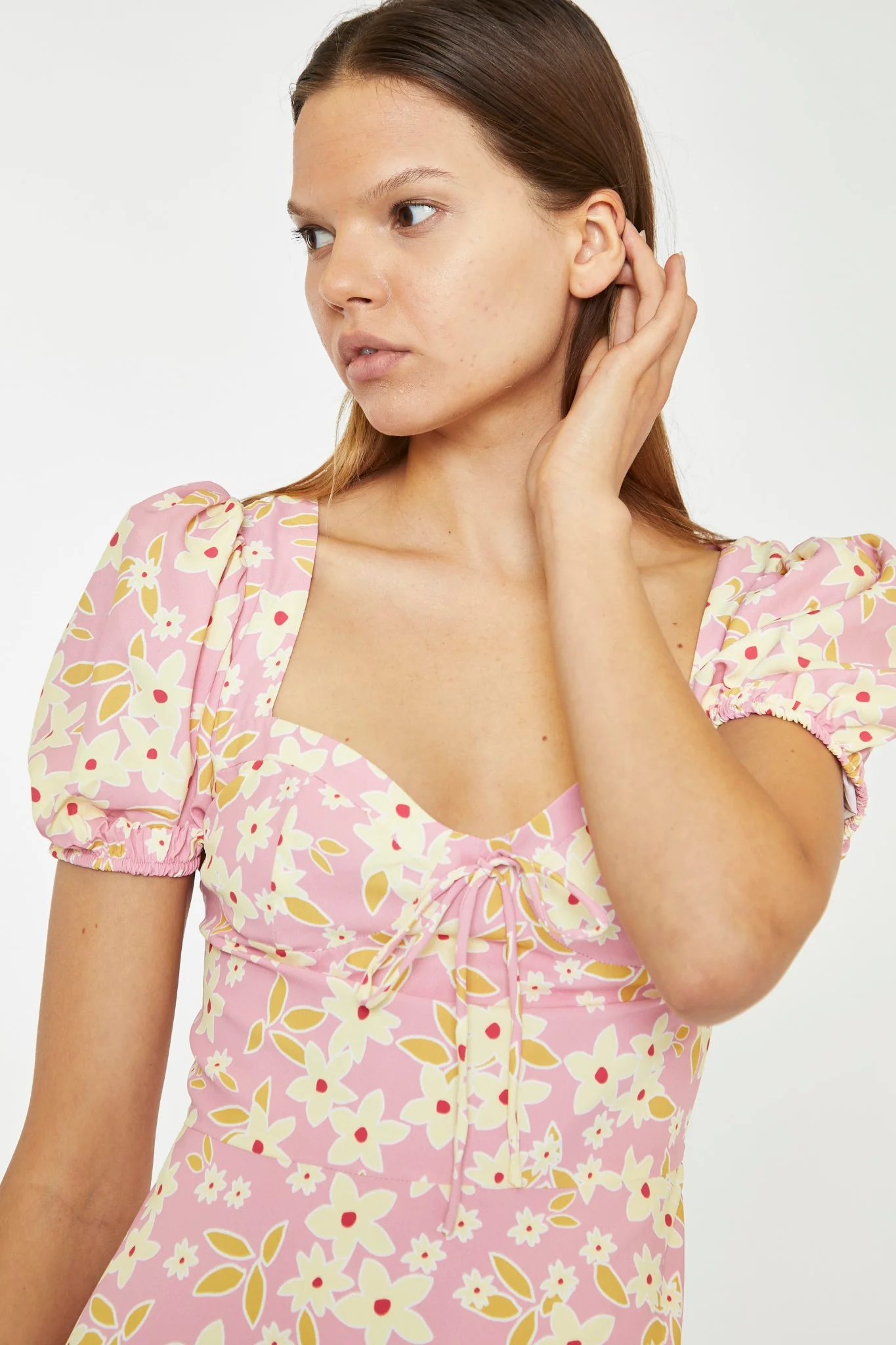 Pink-Olive-Yellow-Flower Puff Sleeve Mini Dress - Image 4