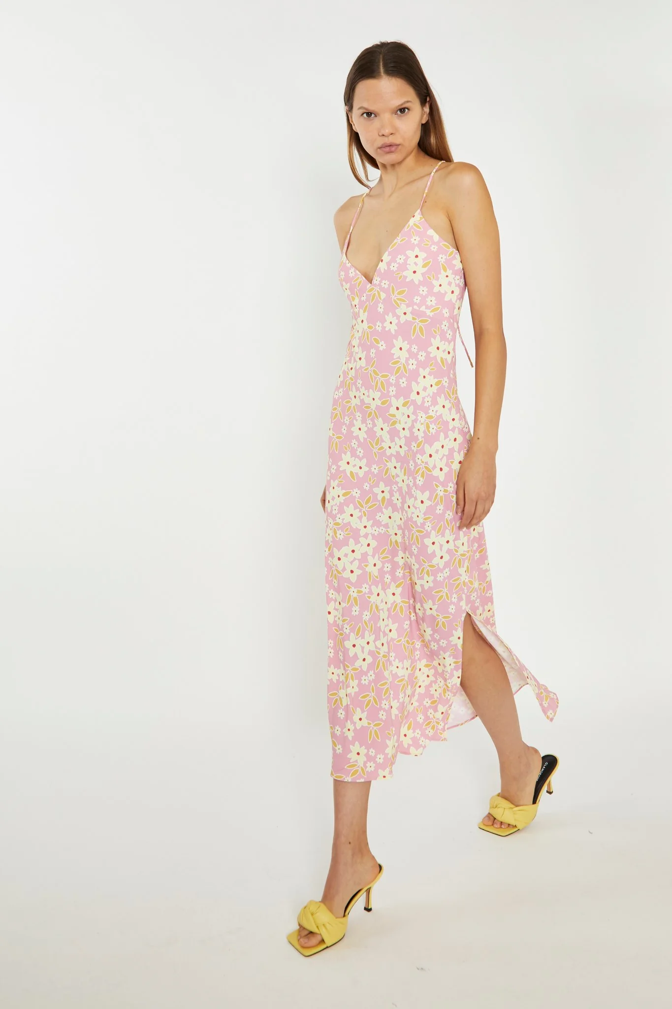 Pink-Olive-Yellow-Flower Midi Slip Dress - Image 4