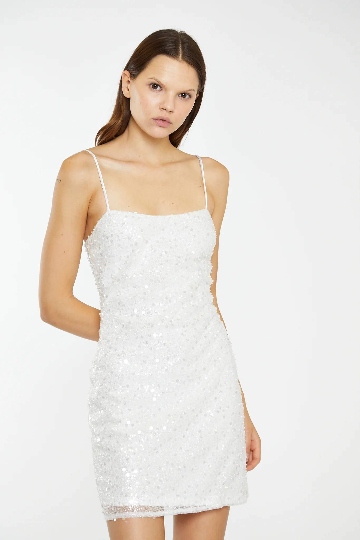Silver Pearl-Sequin Strappy Bodycon Mini-Dress