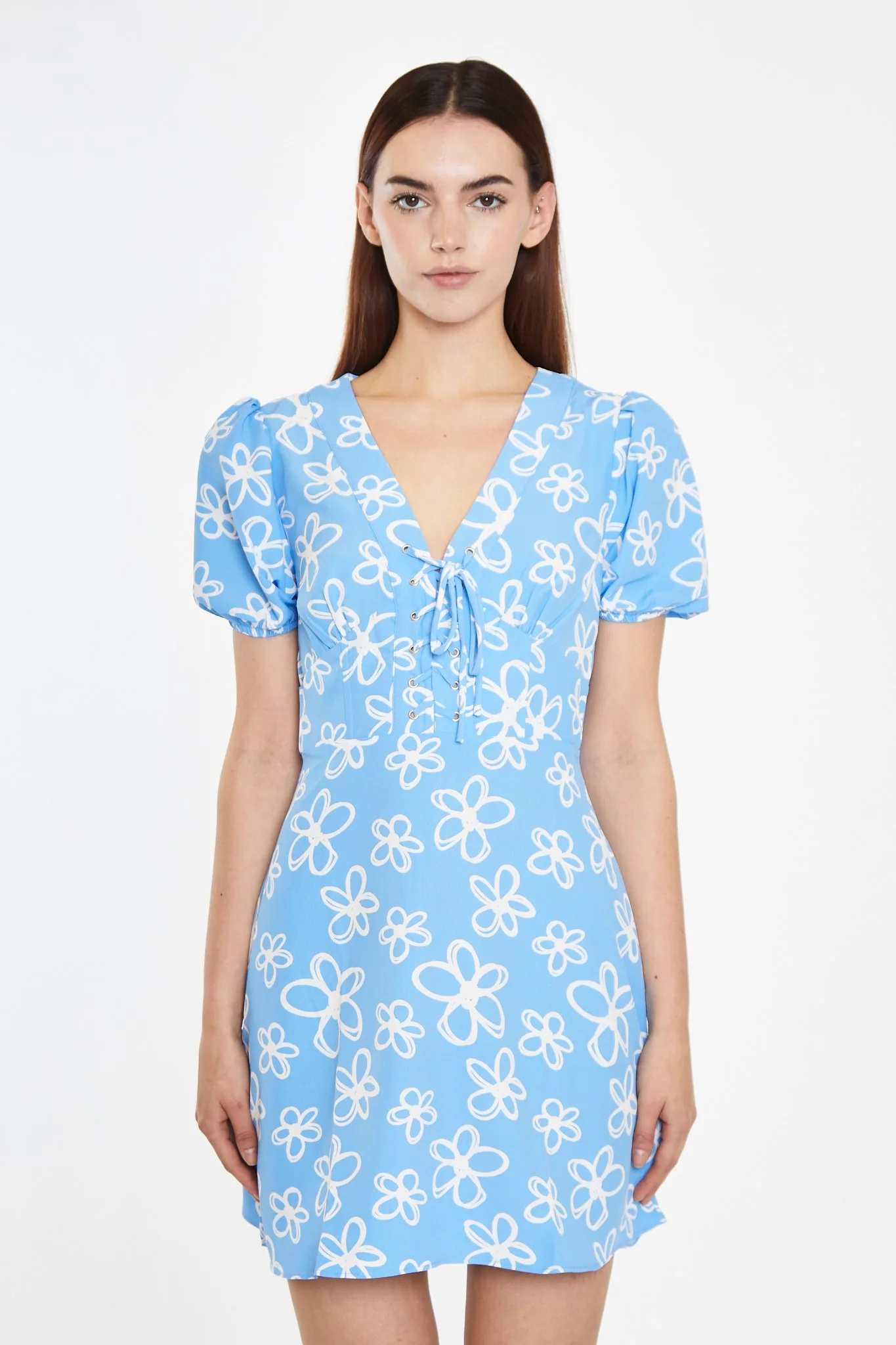 Blue Scribble-Daisy Lace-Up Front Mini-Dress - Image 3