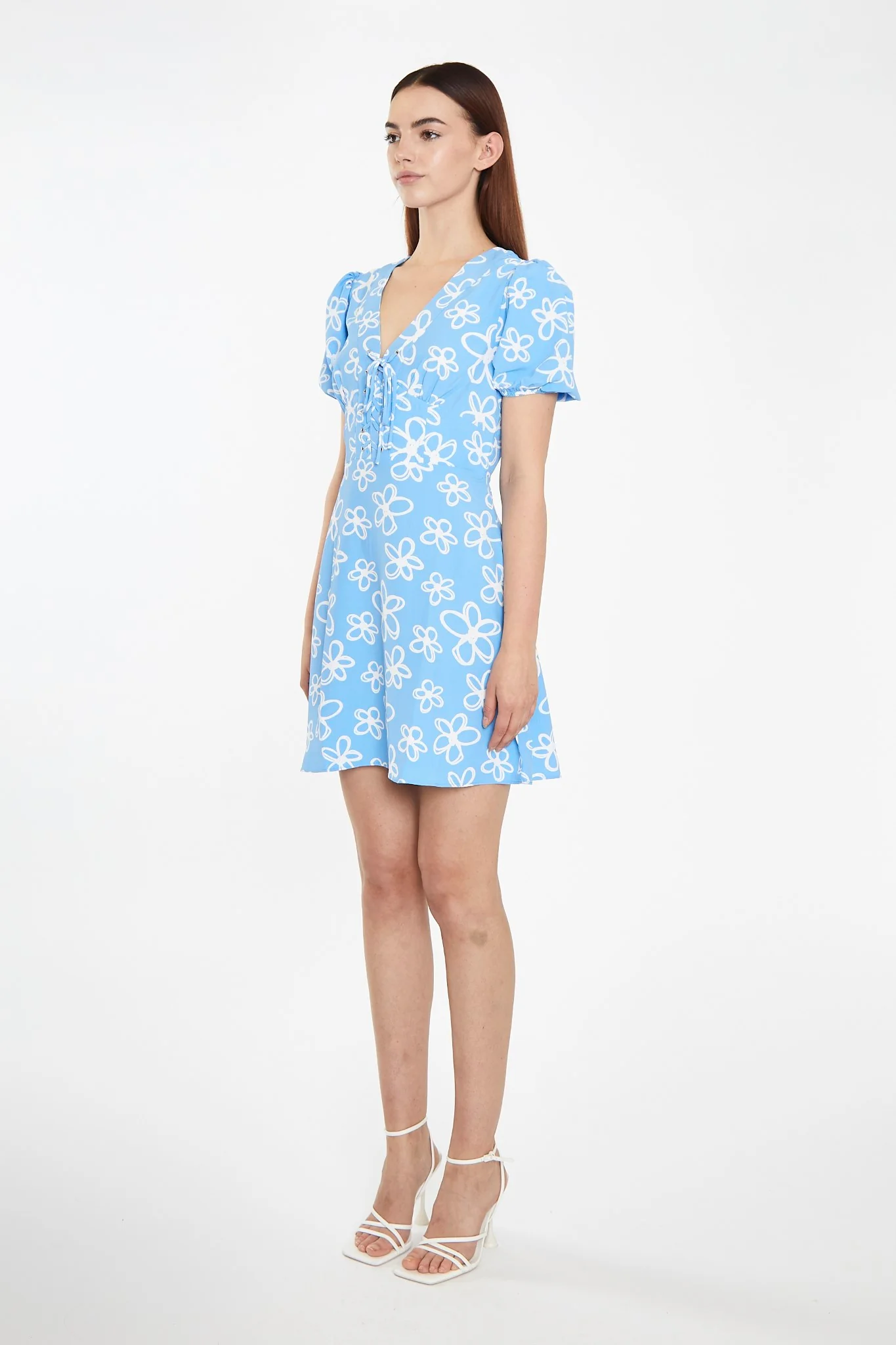 Blue Scribble-Daisy Lace-Up Front Mini-Dress - Image 4
