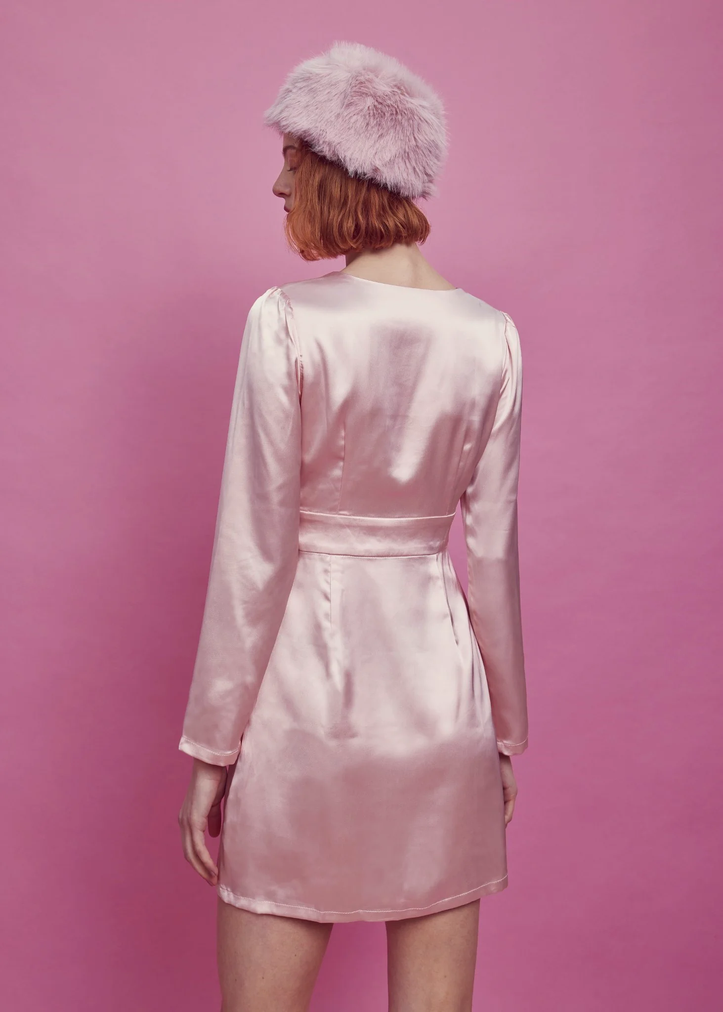 Sarah Wrap Mini Dress -Pale-Pink Satin - Image 2