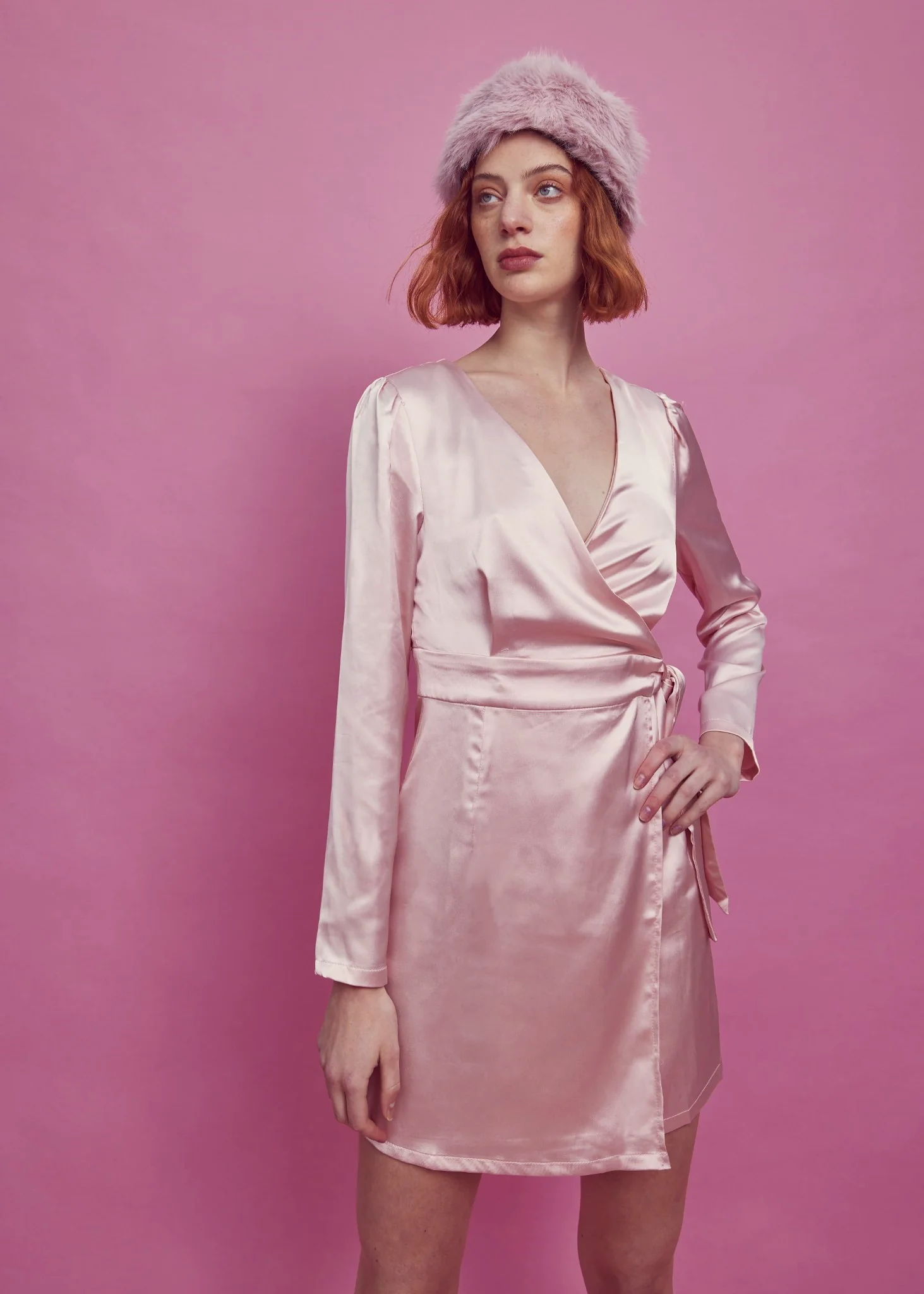 Sarah Wrap Mini Dress -Pale-Pink Satin - Image 4