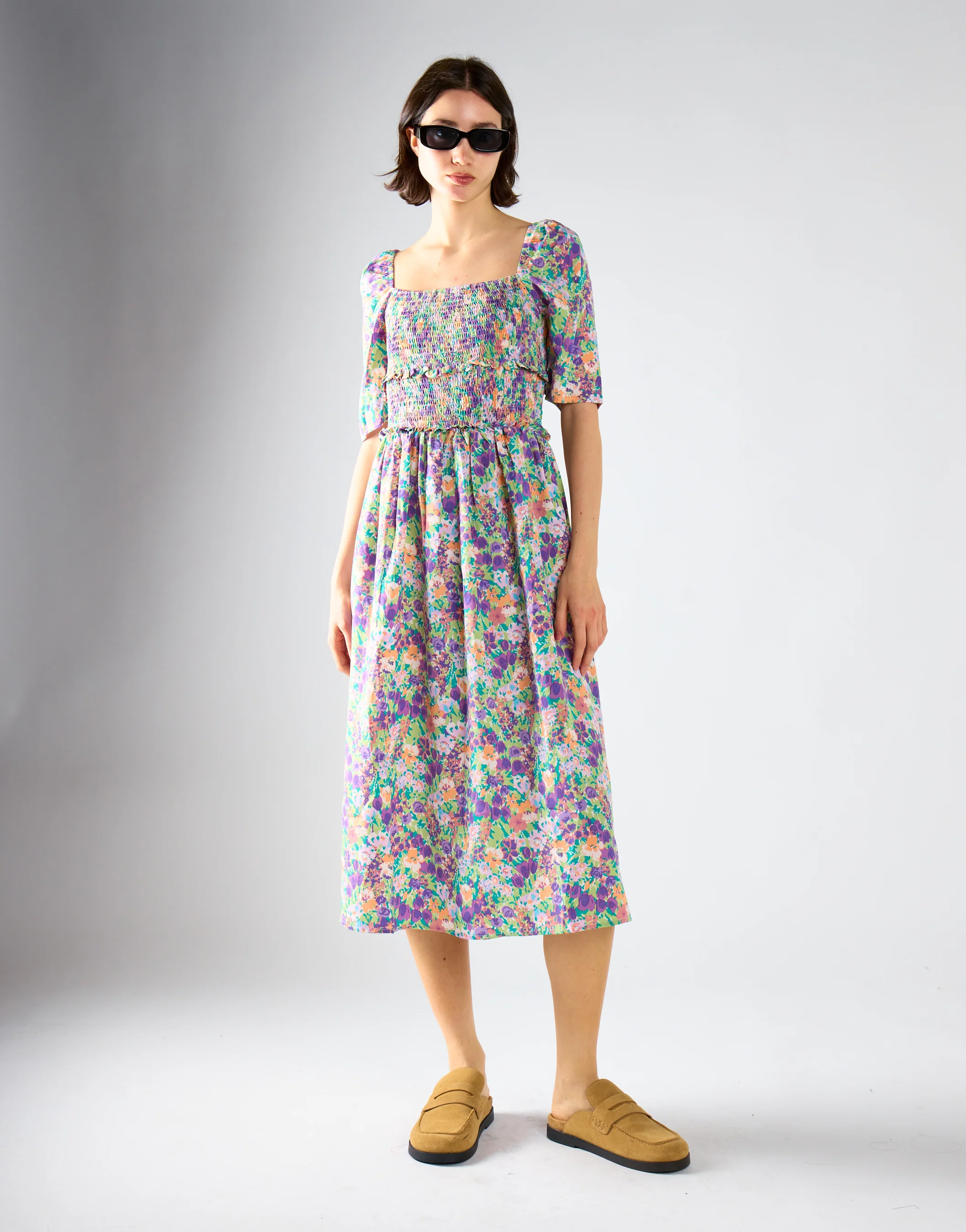 Glamorous Lilac Garden Floral Square Neck Short Sleeve Midi Dress