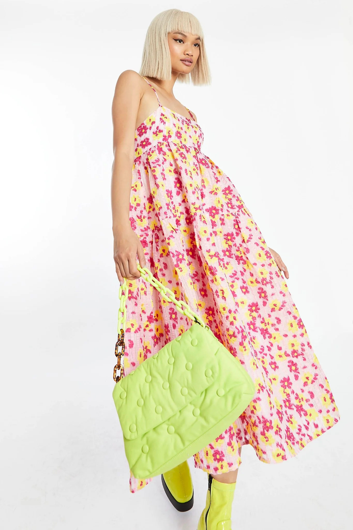 Pink-Yellow Organza Empire-Line Tie-Back Loose-Fit Smock Midi-Dress - Image 4