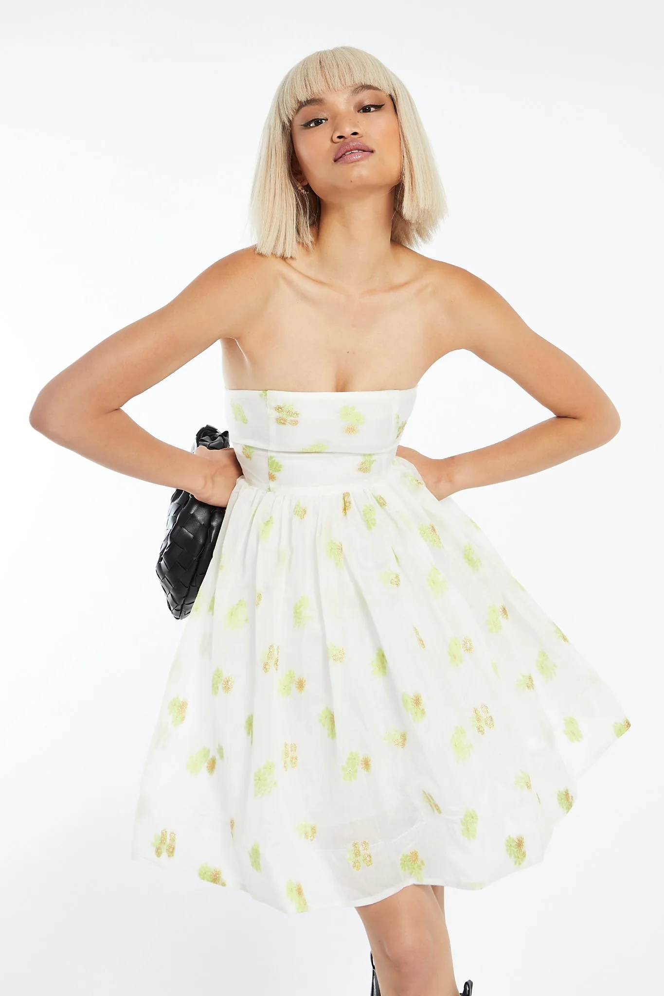 Lime-Gold Floral Organza Empire-Line Puff Skirt Mini-Dress