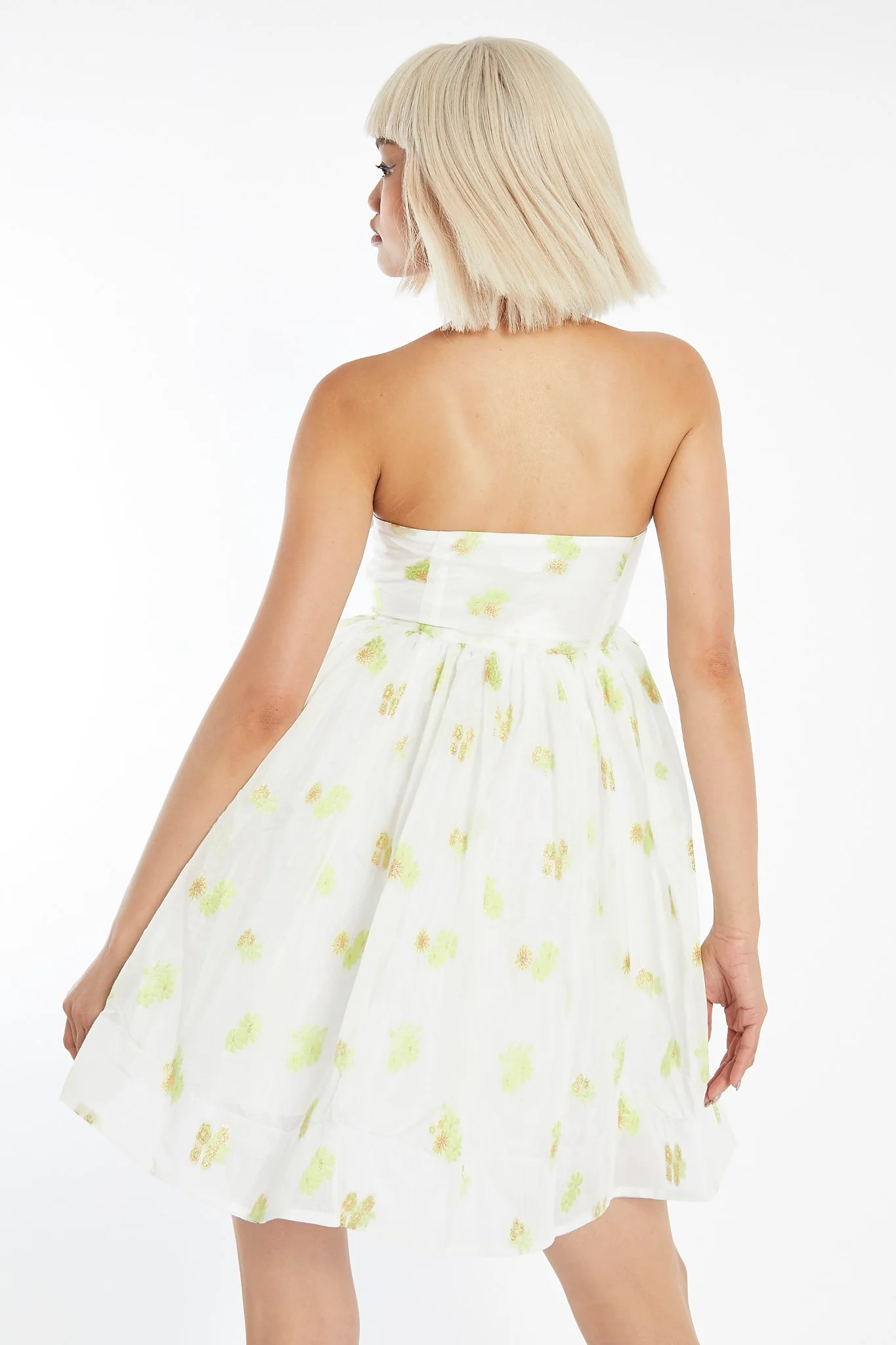 Lime-Gold Floral Organza Empire-Line Puff Skirt Mini-Dress - Image 2