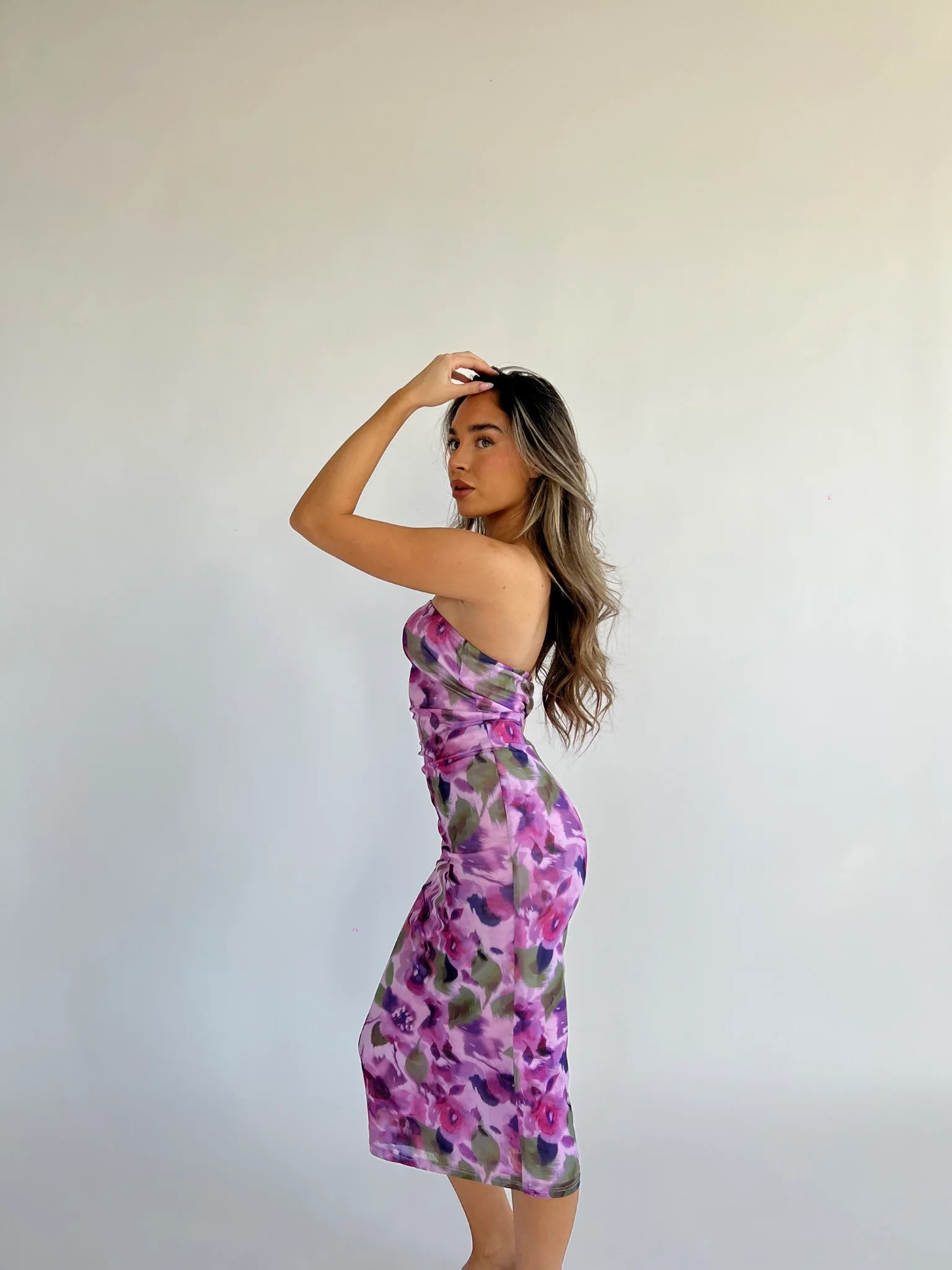 Blurred-Purple Floral Bandeau Midaxi-Dress - Image 3