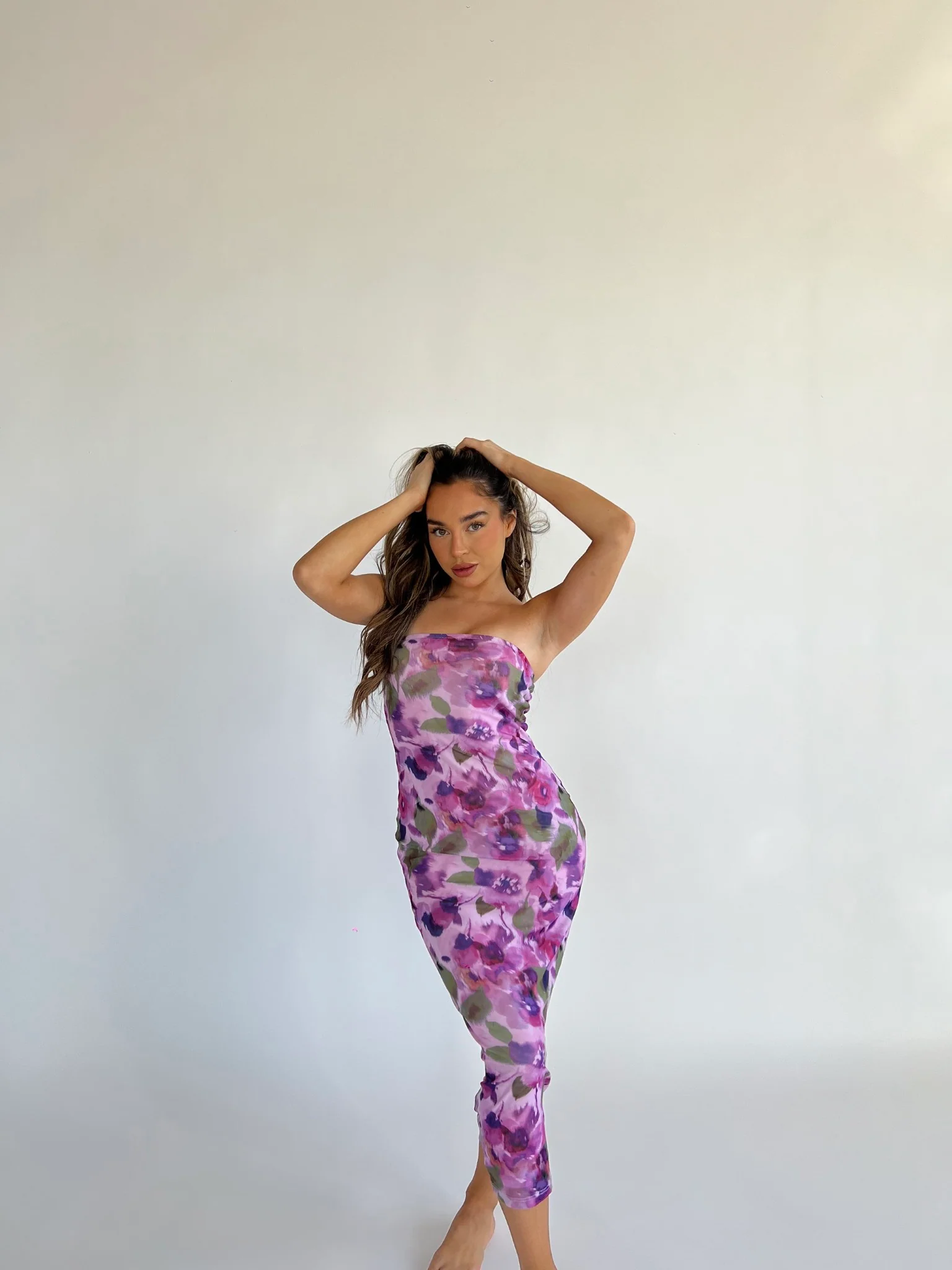 Blurred-Purple Floral Bandeau Midaxi-Dress - Image 4