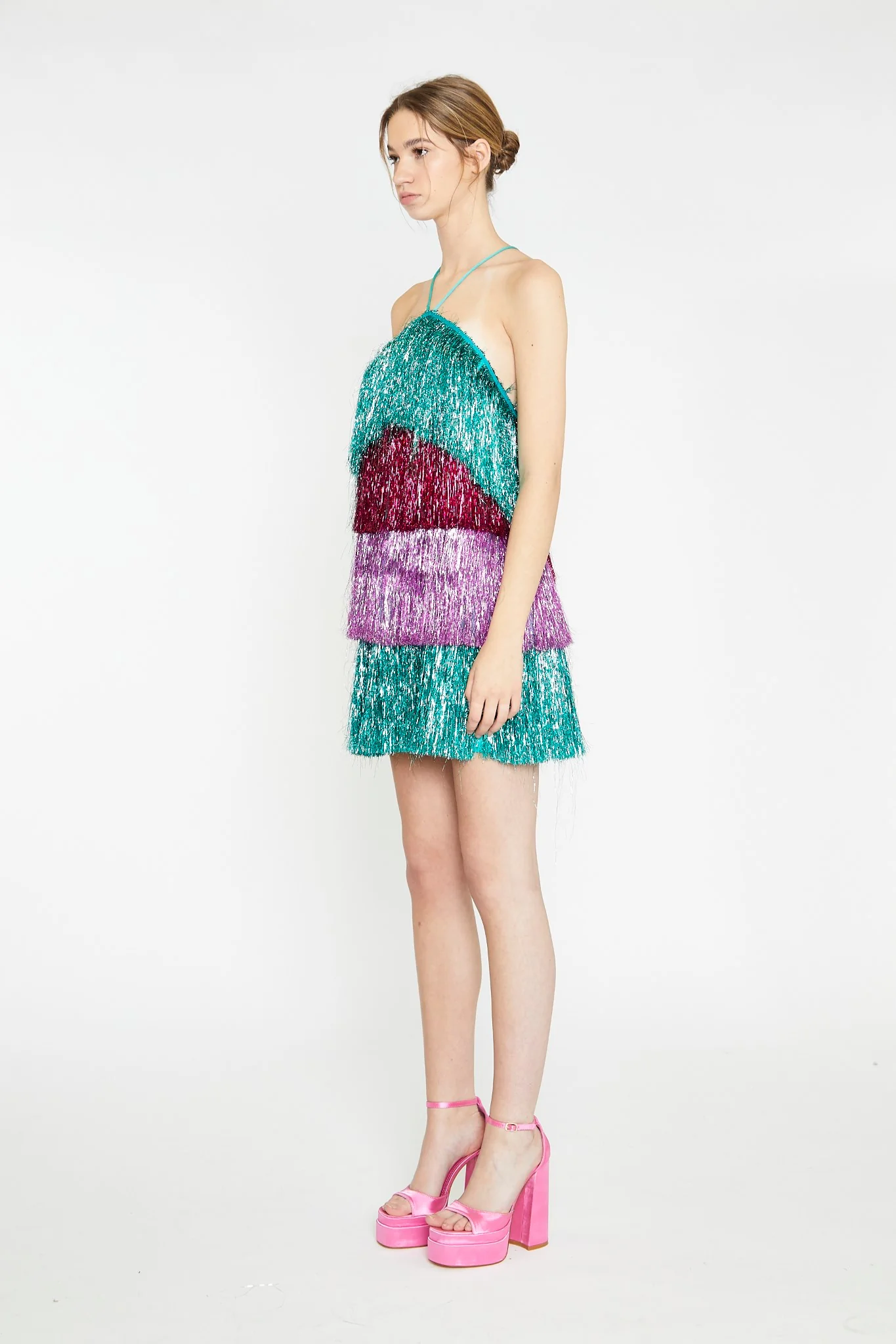 Pink Teal Purple Tinsel Fringe Halterneck Mini-Dress - Image 3