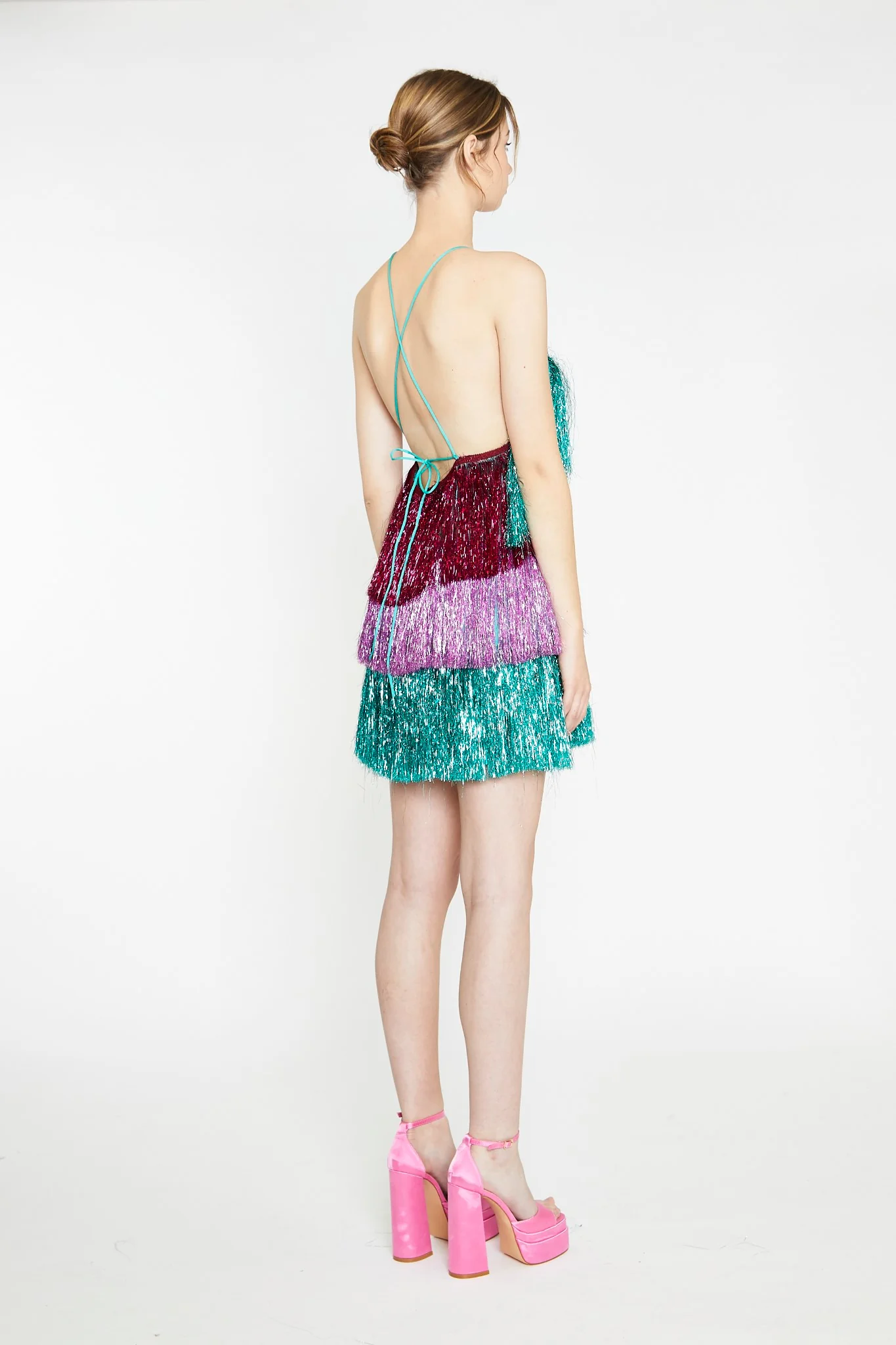 Pink Teal Purple Tinsel Fringe Halterneck Mini-Dress - Image 4