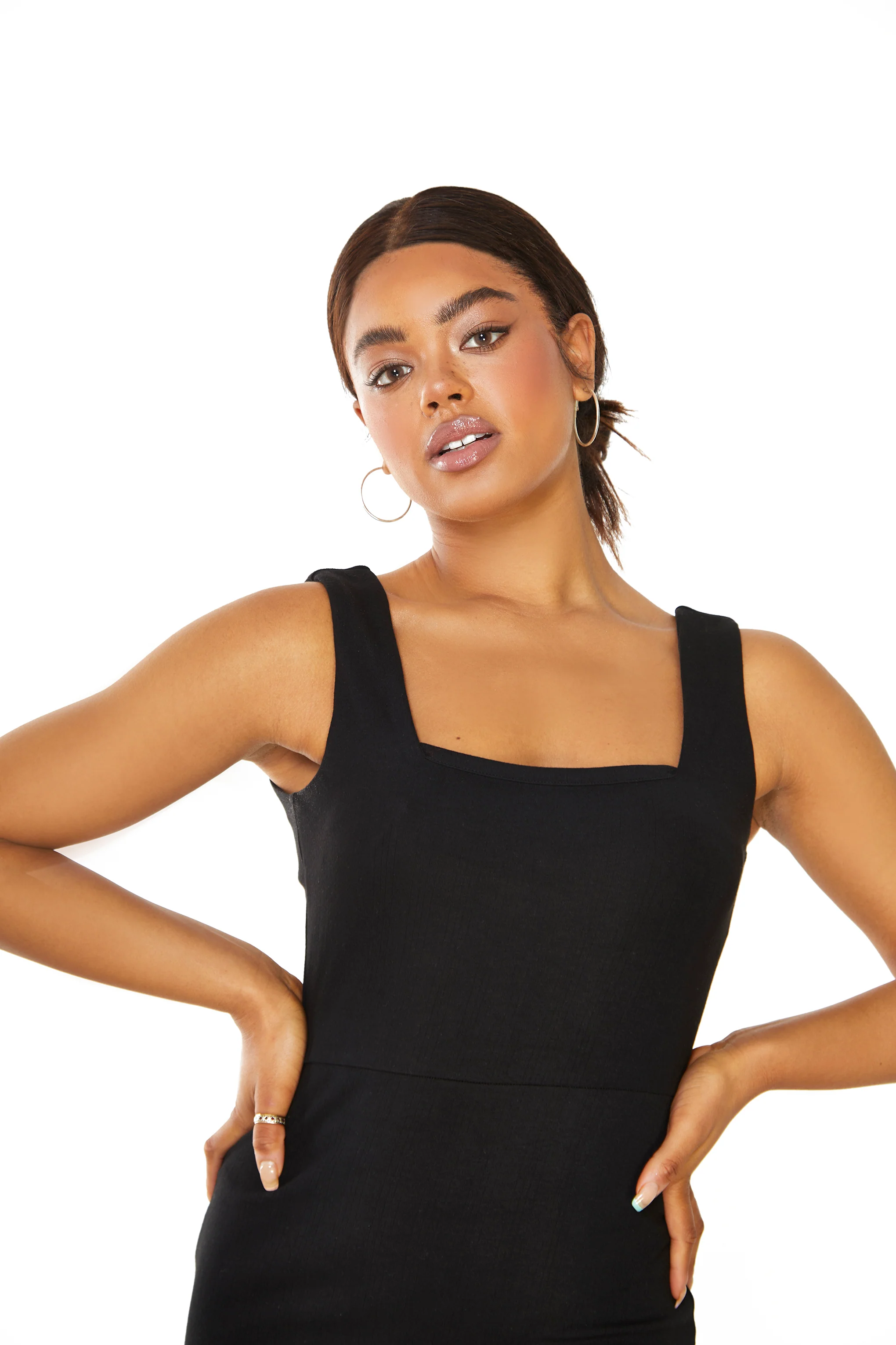 Glamorous Black Square Neck Midi Dress with Side Split - Image 2