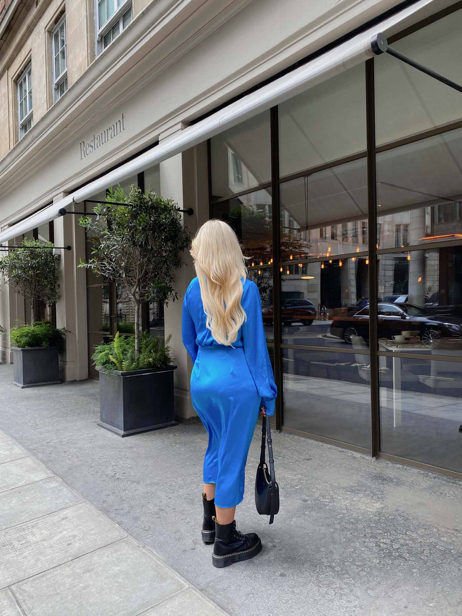 Glamorous Blue Aster Satin Long Sleeve Wrap Dress - Image 2