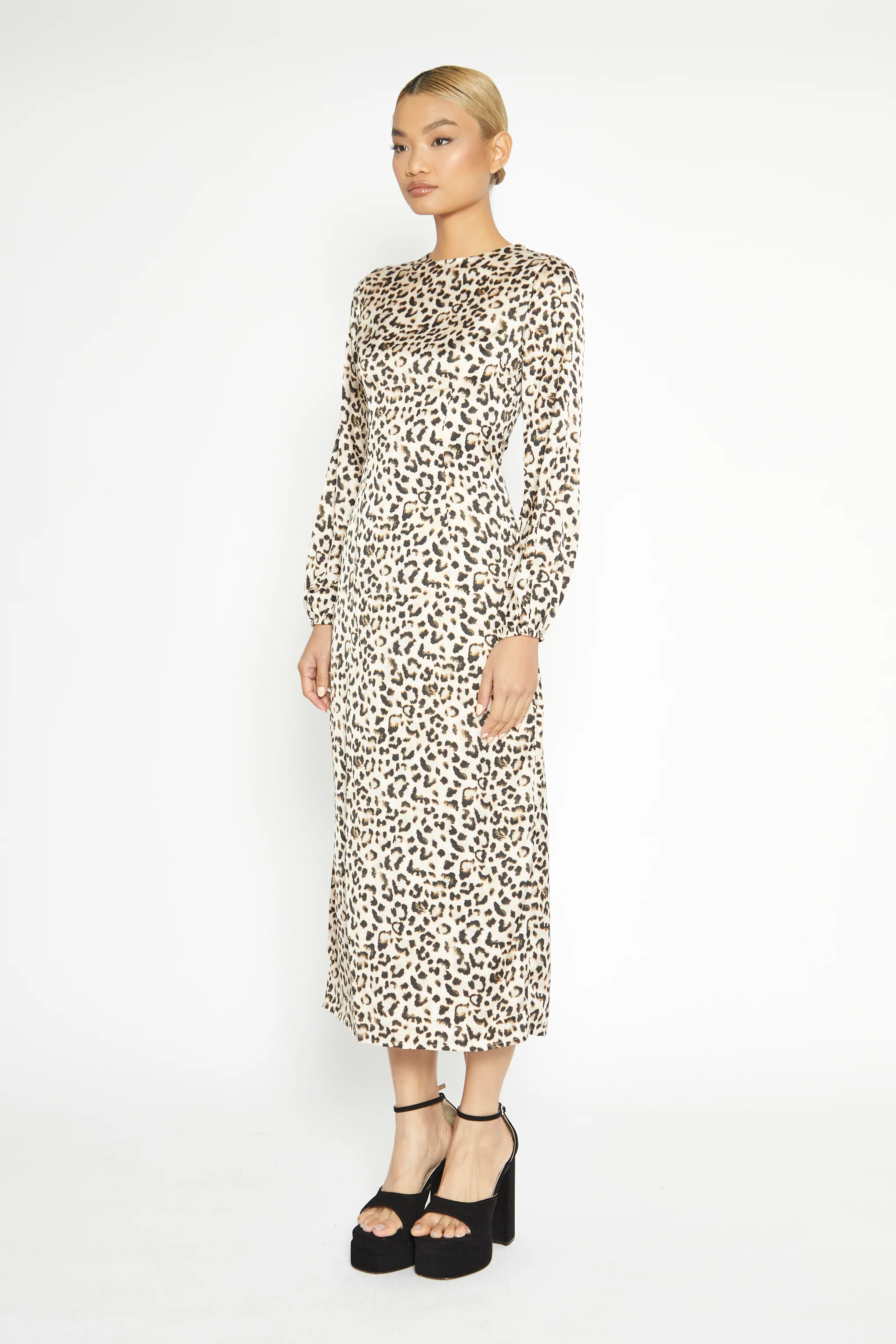 Glamorous Natural White Leopard print Long Sleeve Midi Dress - Image 3