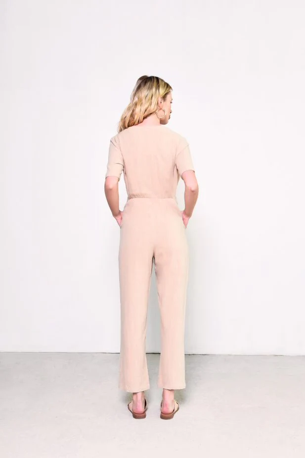 Glamorous V-Neck Button Up Jumpsuit in Light Stone - Image 3