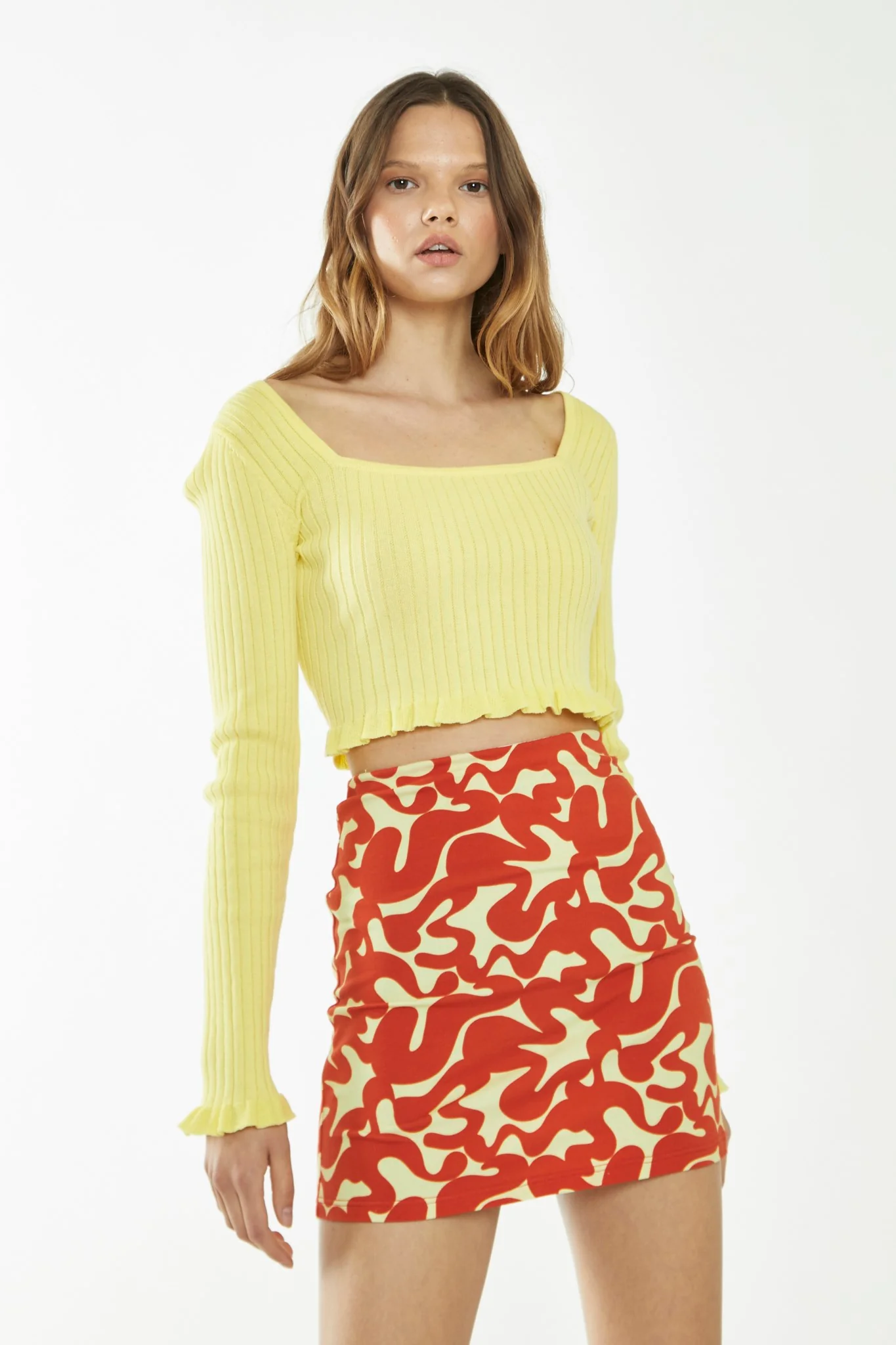 Banana-Orange Squiggle Jersey Mini Skirt - Image 2