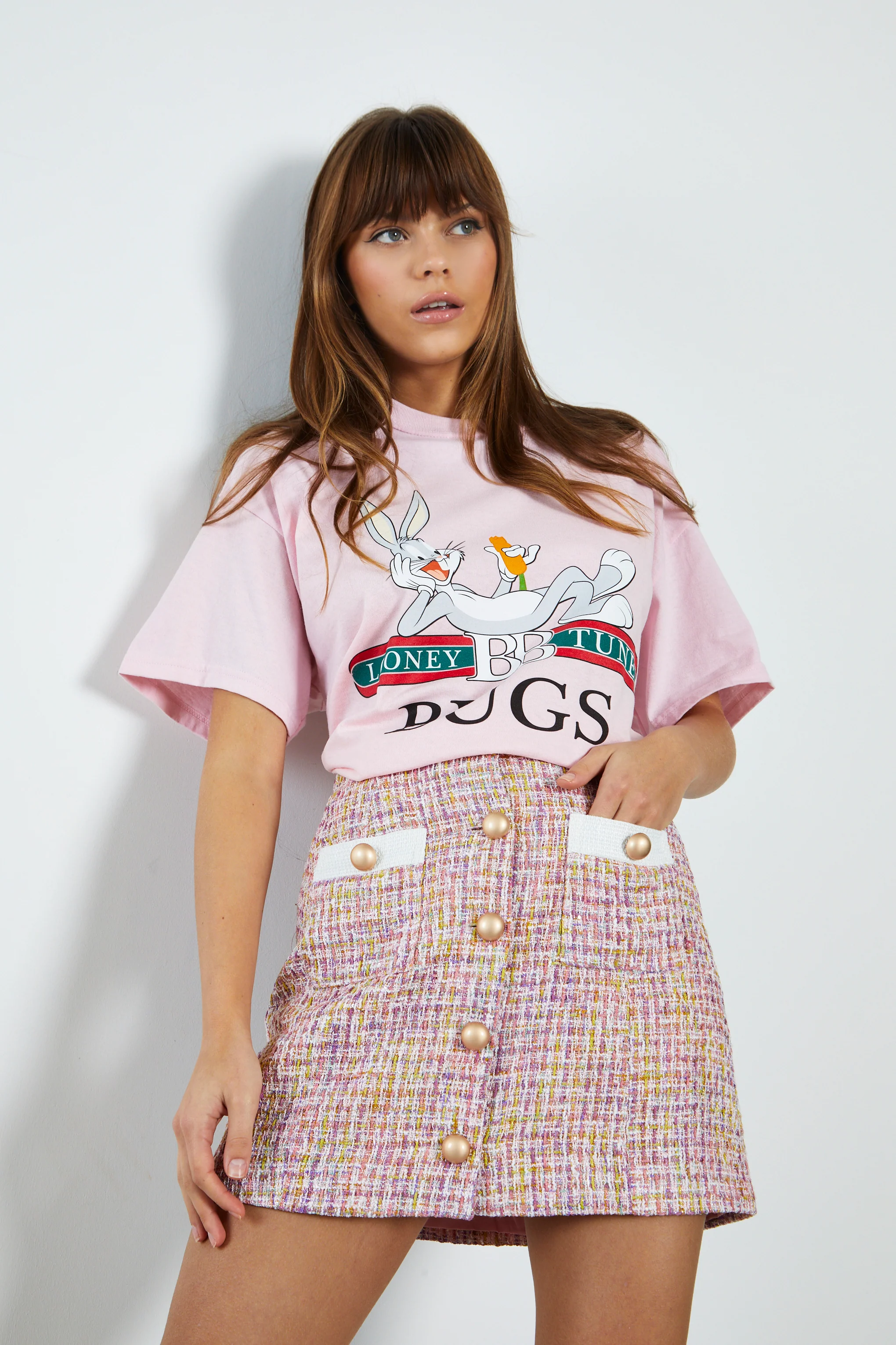 Glamorous Pink Multi Tweed White High Waisted Mini Skirt with Contrast Pockets - Image 4