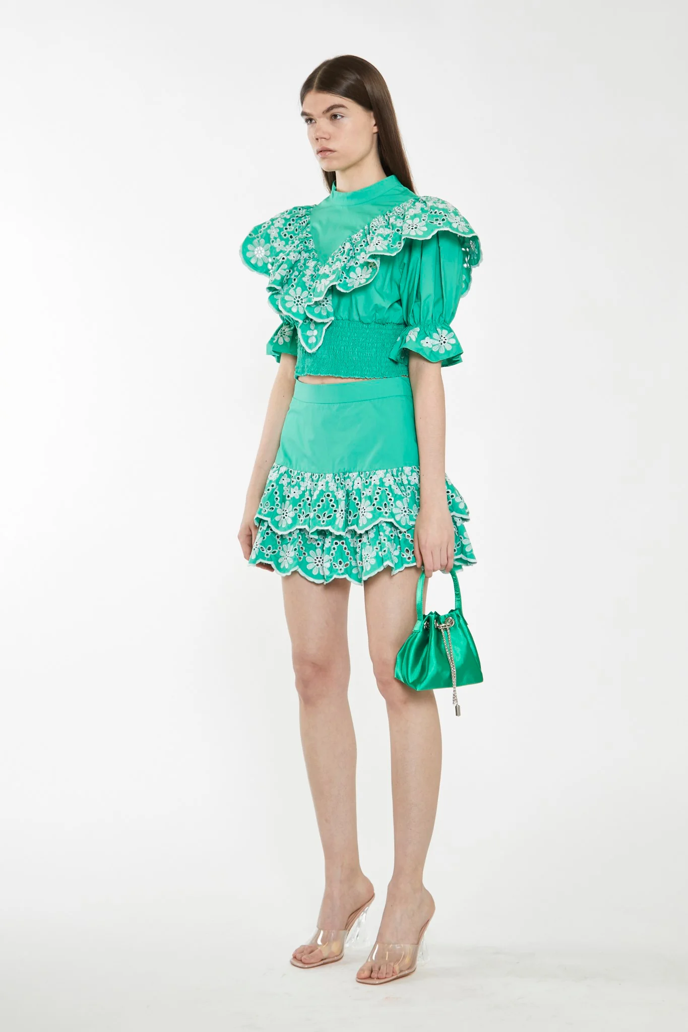 Green Broderie Ruffle Mini Skirt - Image 3