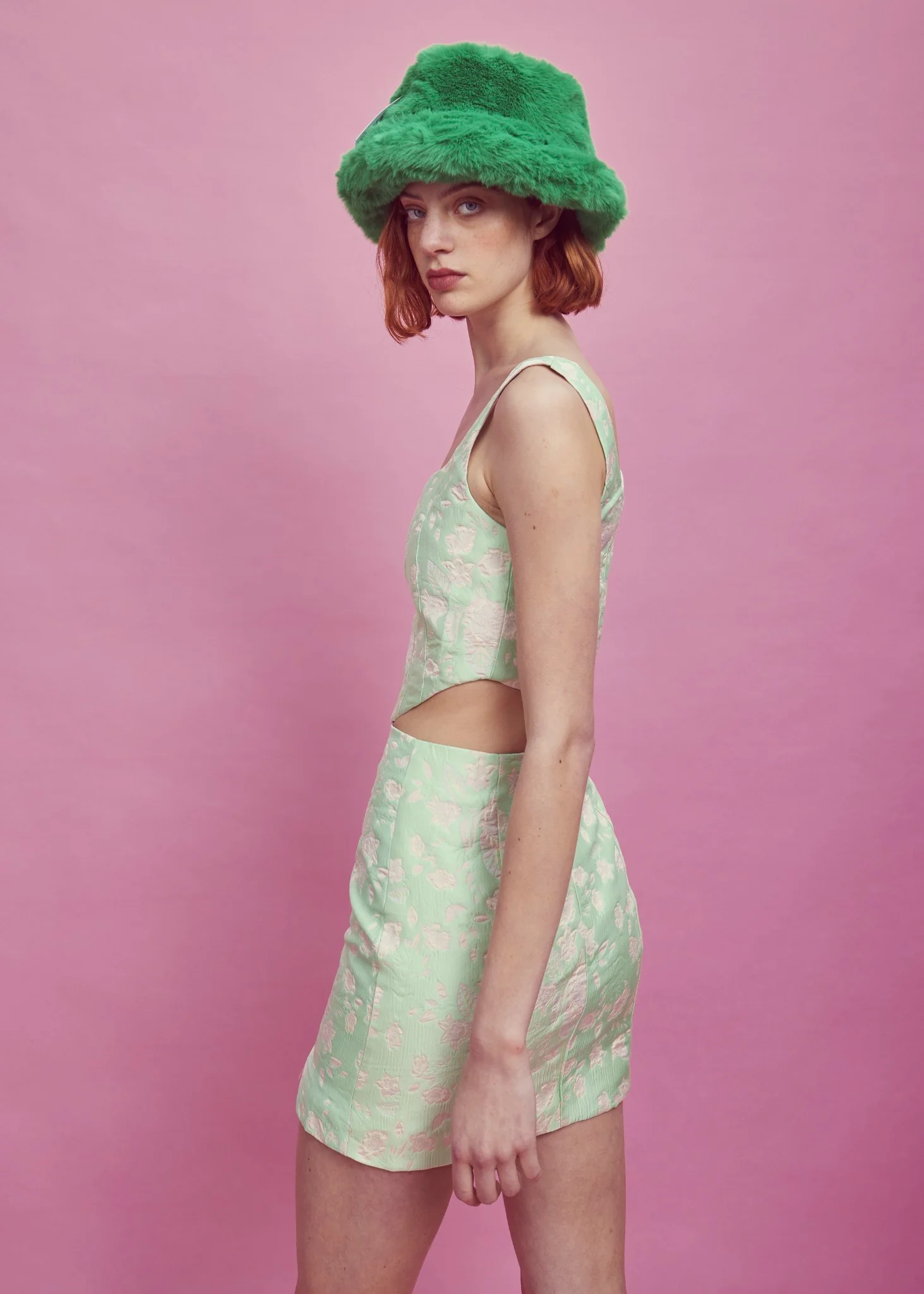 Green-Pink Brocade Side Split Mini Skirt - Image 2