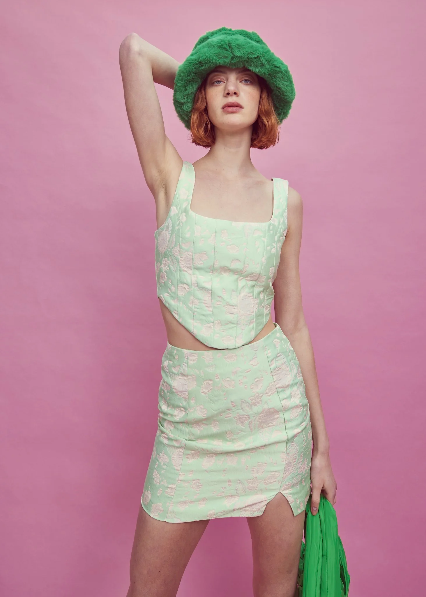Green-Pink Brocade Side Split Mini Skirt - Image 3