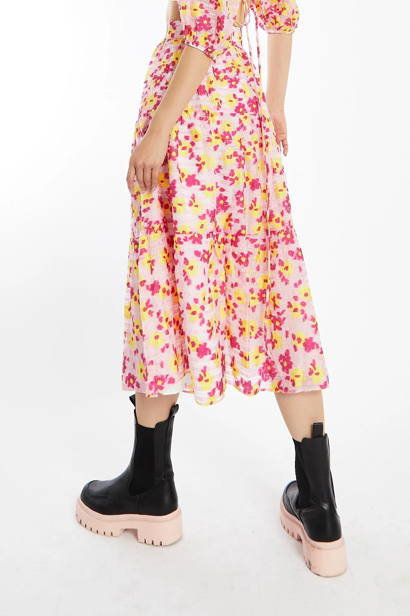 Pink-Yellow Organza Gathered Tiered Midi-Skirt - Image 2