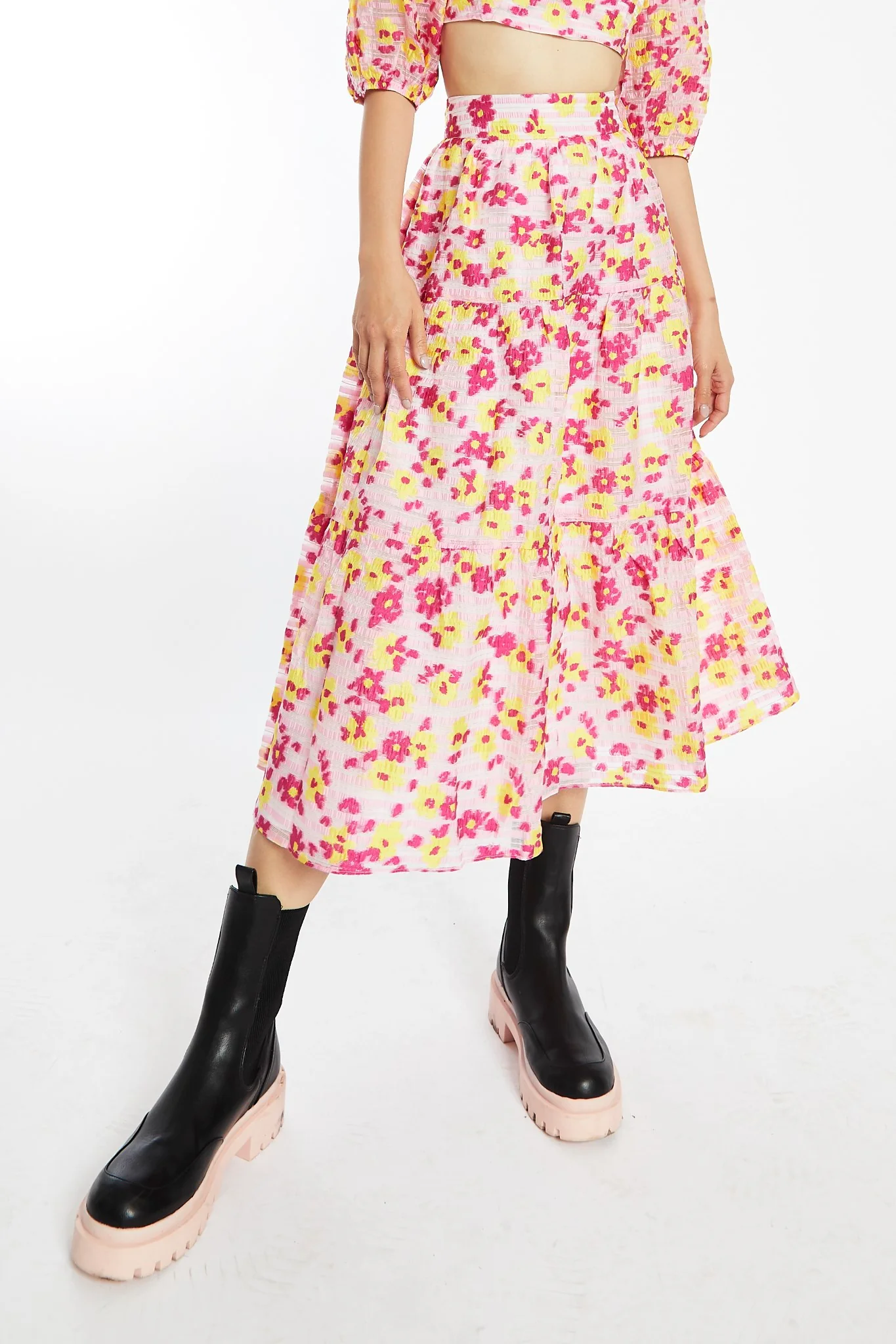 Pink-Yellow Organza Gathered Tiered Midi-Skirt - Image 3